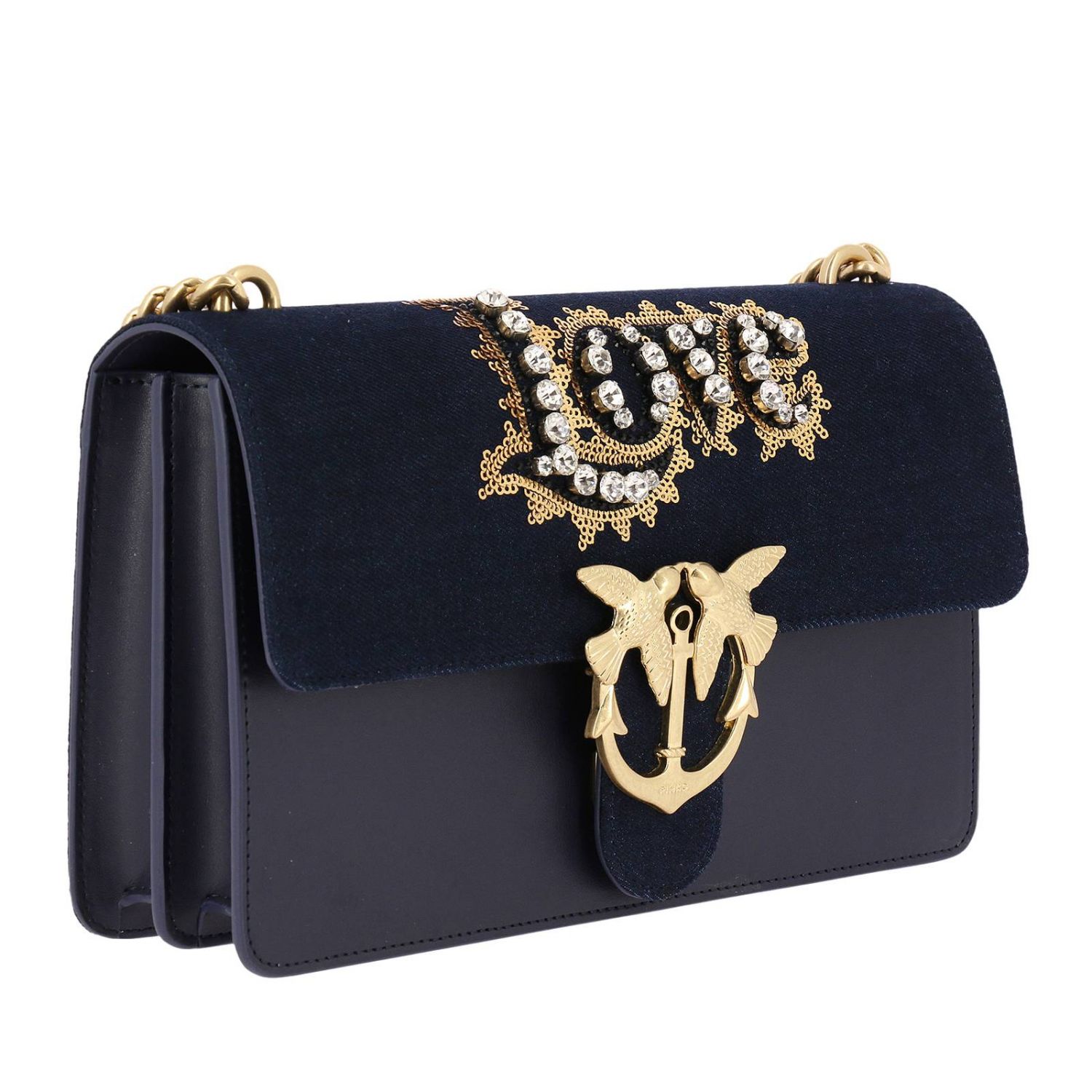 Pinko Uniqueness Outlet: Borsa Pinko Love Jeans Crystal a tracolla con maxi  scritta di strass e paillettes - Blue | Borse A Tracolla Pinko Uniqueness  3U202Y-Y4MT LOVE JEANS CRYSTAL GIGLIO.COM