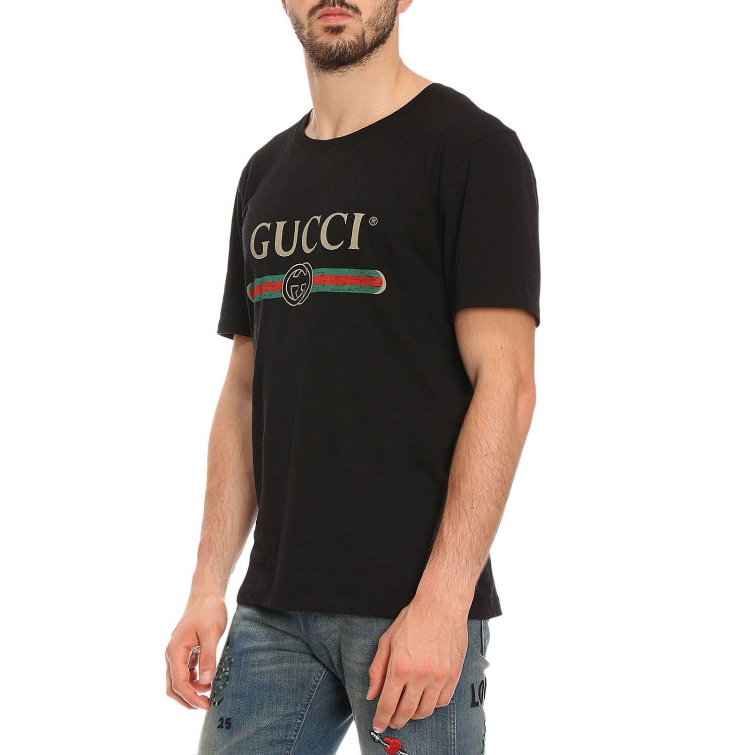 GUCCI: T-shirt in cotone con stampa Classic Fake | T-Shirt Gucci Uomo