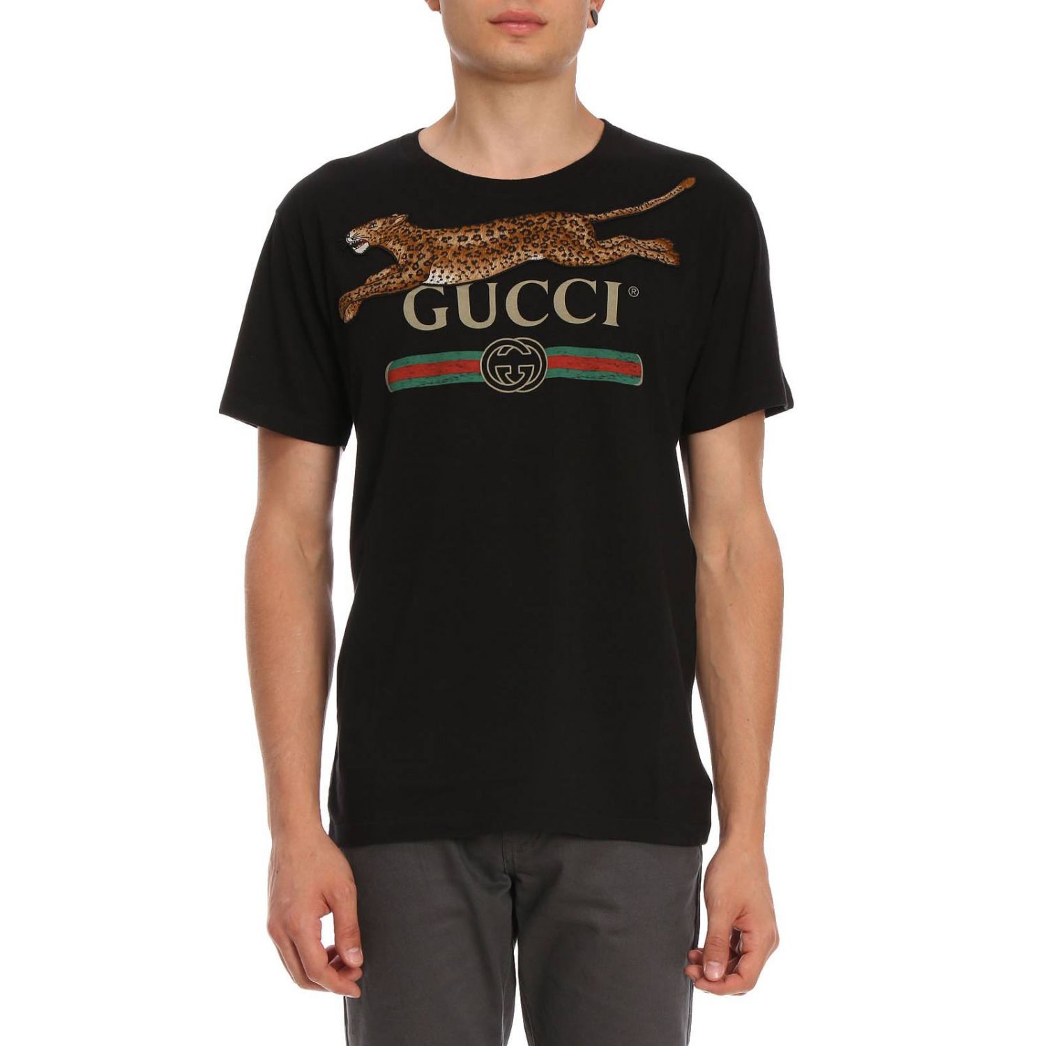 T-shirt in cotone con stampa Classic Gucci e maxi patch tigre in cavallino  | T-Shirt Gucci Uomo Nero | T-Shirt Gucci 493117 X9X96 Giglio IT