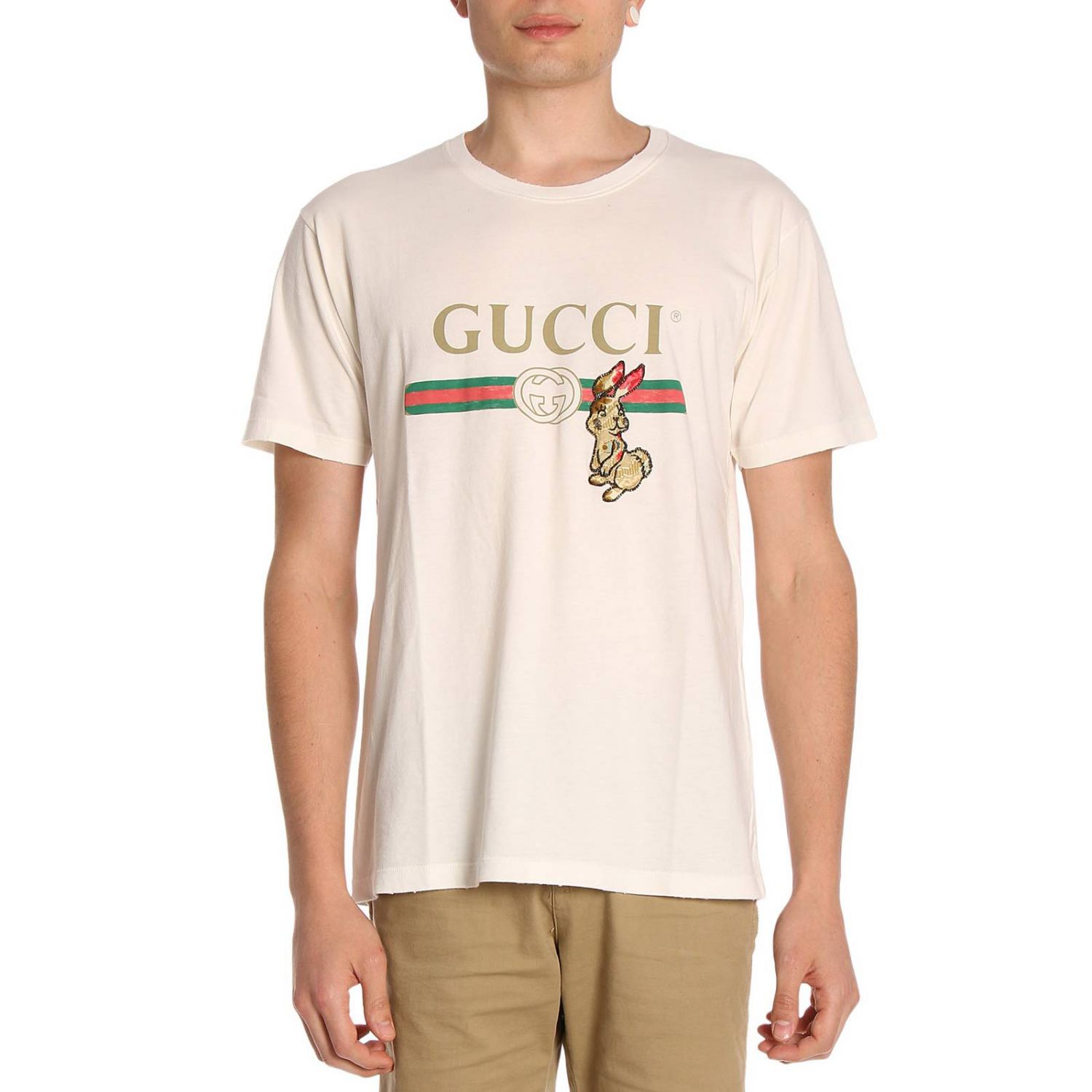T-shirt in cotone con stampa Classic Gucci Fake e patch coniglio | T-Shirt Gucci  Uomo Bianco | T-Shirt Gucci 493117 X9V42 Giglio IT