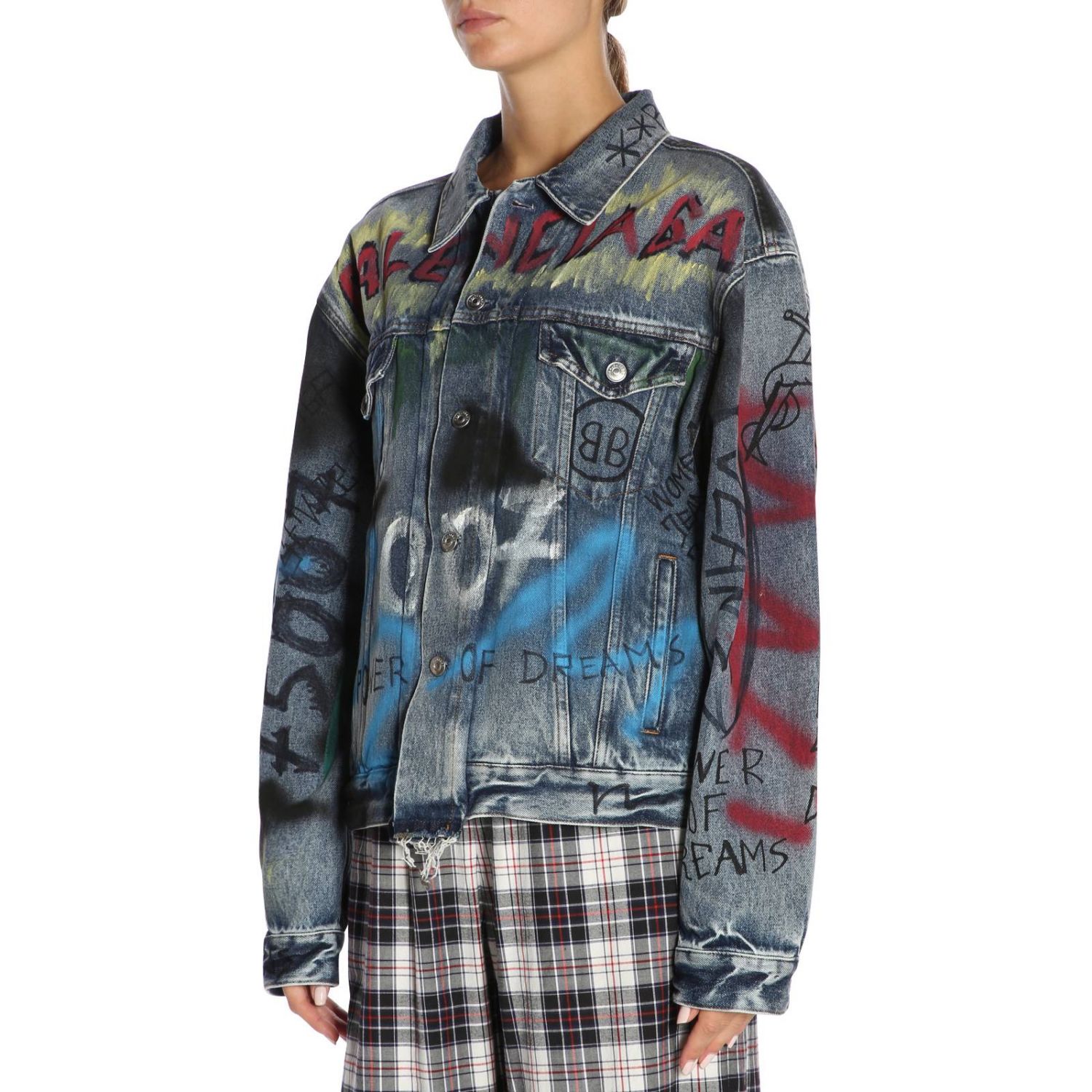 BALENCIAGA: Giubbotto di jeans dipinto a mano con graffiti all over - Denim  | Giacca Balenciaga 529179 TAP04 GIGLIO.COM