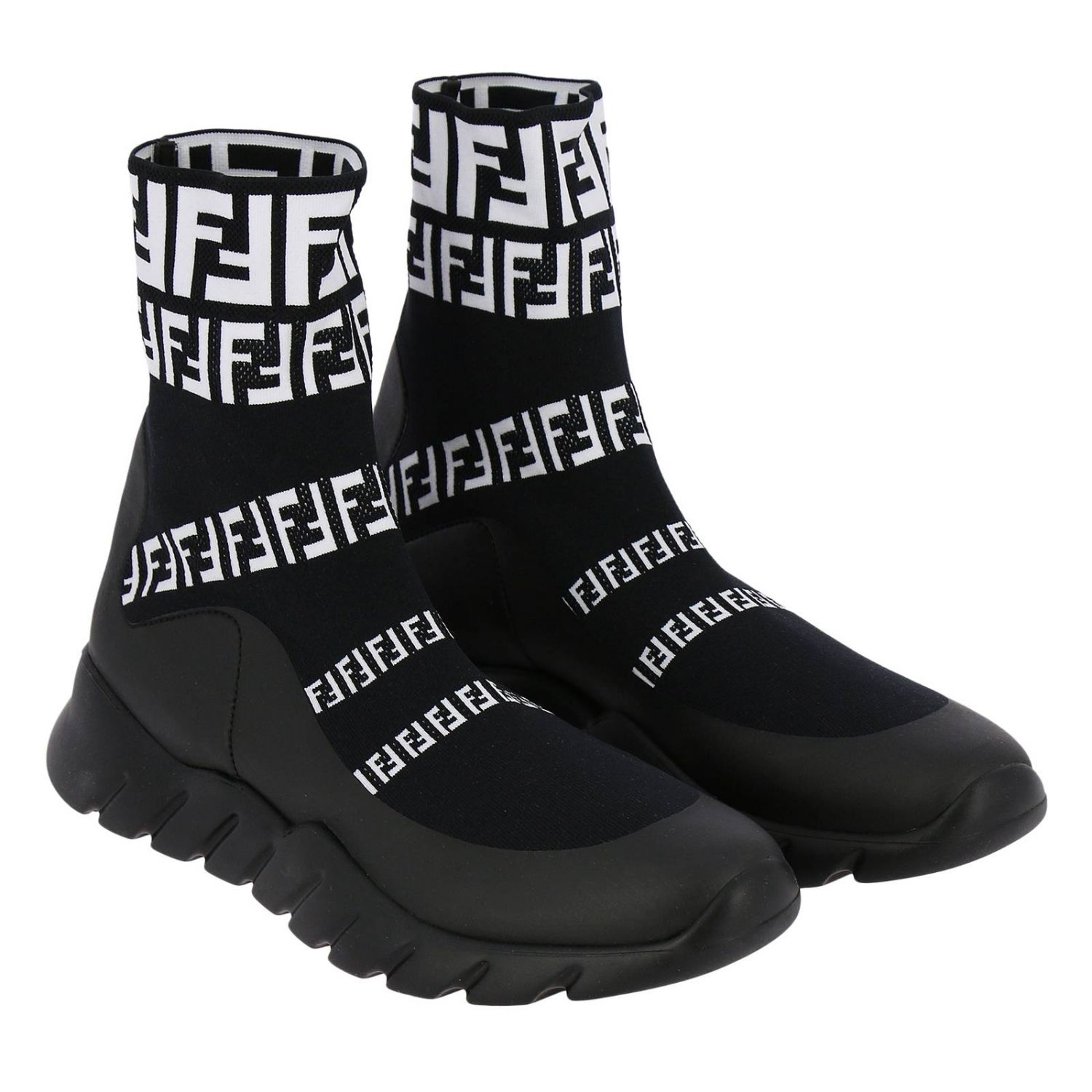 FENDI: Sneakers a calzino in maglia stretch con monogramma FF e pelle -  Nero | Sneakers Fendi 7E1163 A3XH GIGLIO.COM