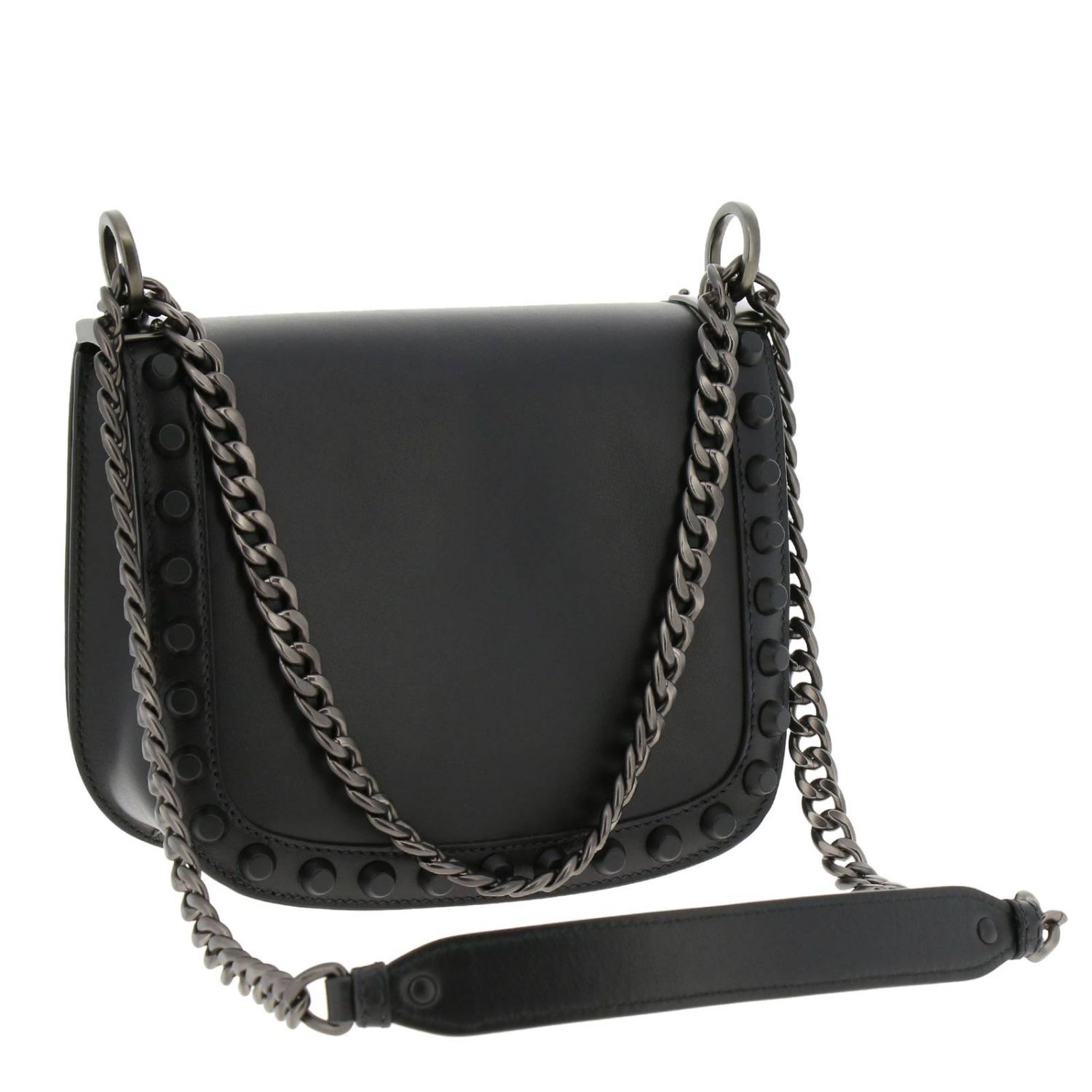 PRADA: Borsa a pattina Pionnier small in pelle liscia con borchie e logo -  Nero | Borsa Mini Prada 1BD039UBC 2AIX GIGLIO.COM