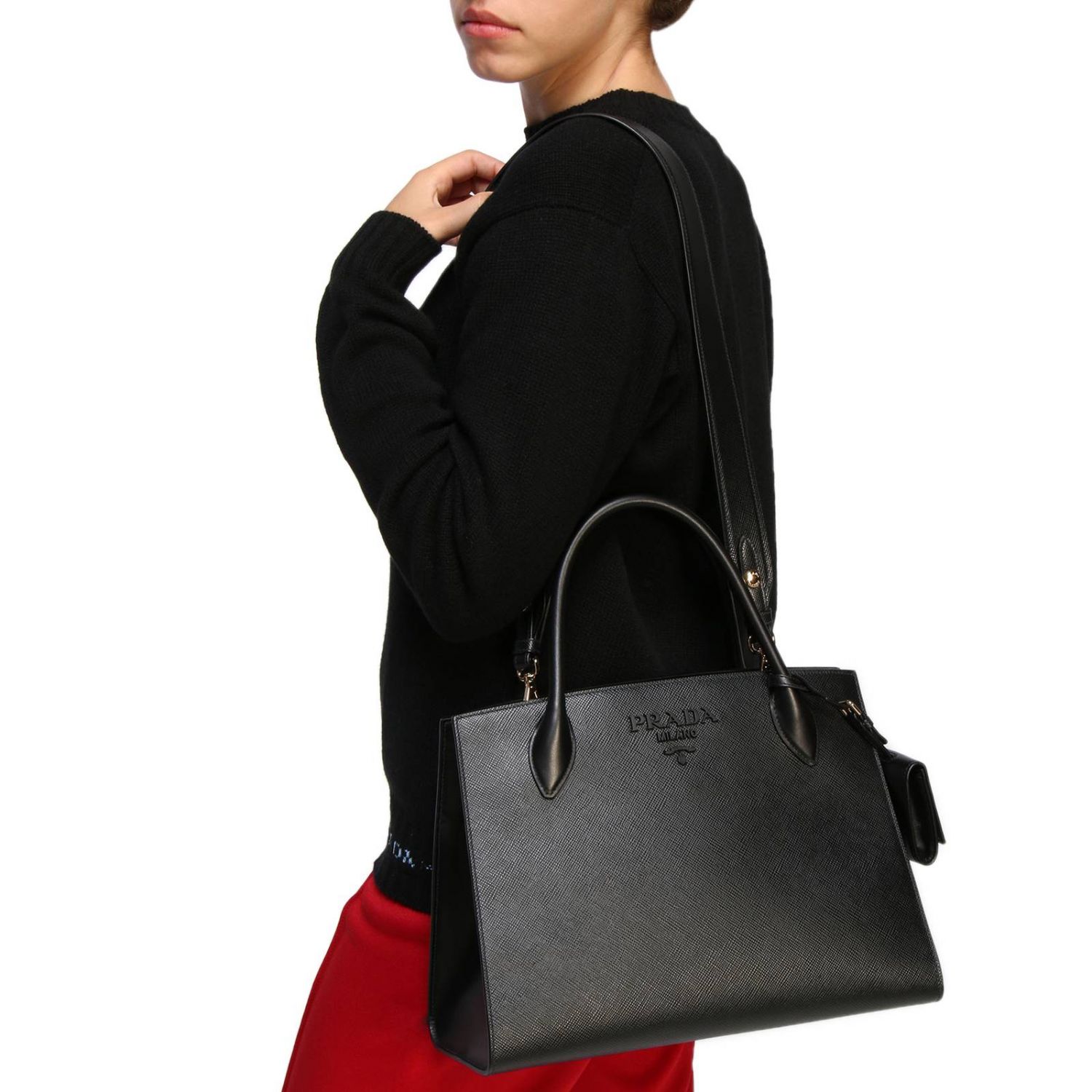 PRADA Monochrome bag in saffiano leather with maxi logo and removable