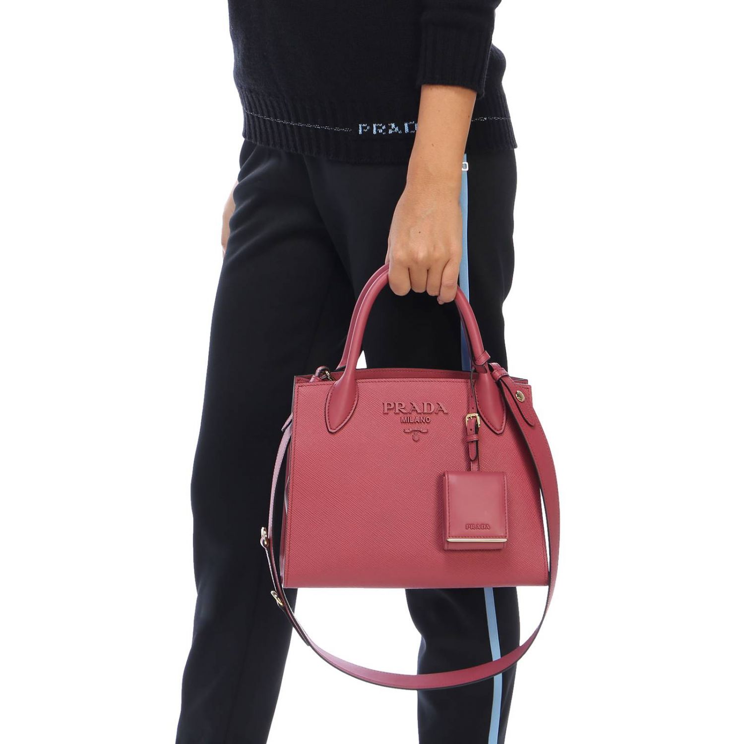 PRADA: Monochrome small bag in saffiano leather with maxi logo and ...