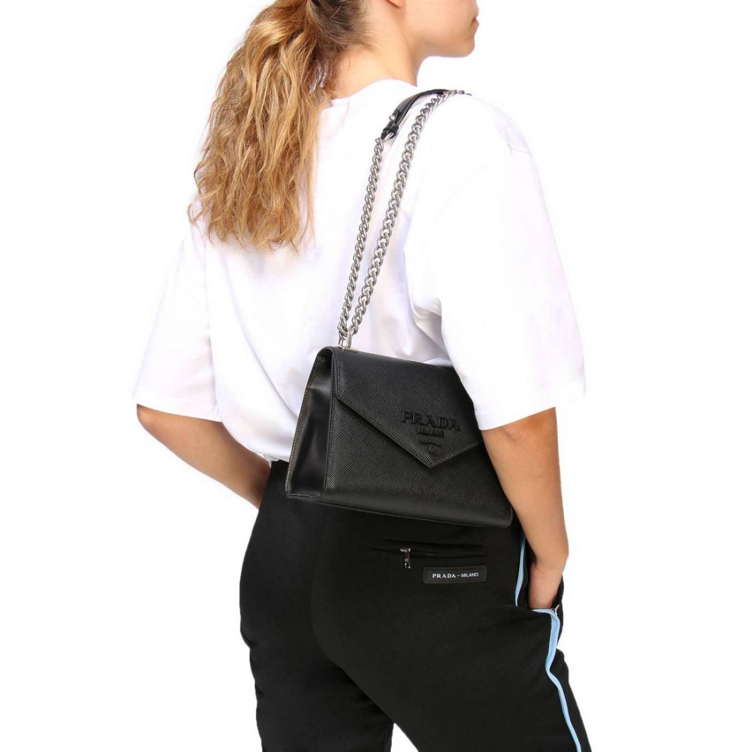 prada monochrome saffiano leather chain shoulder bag