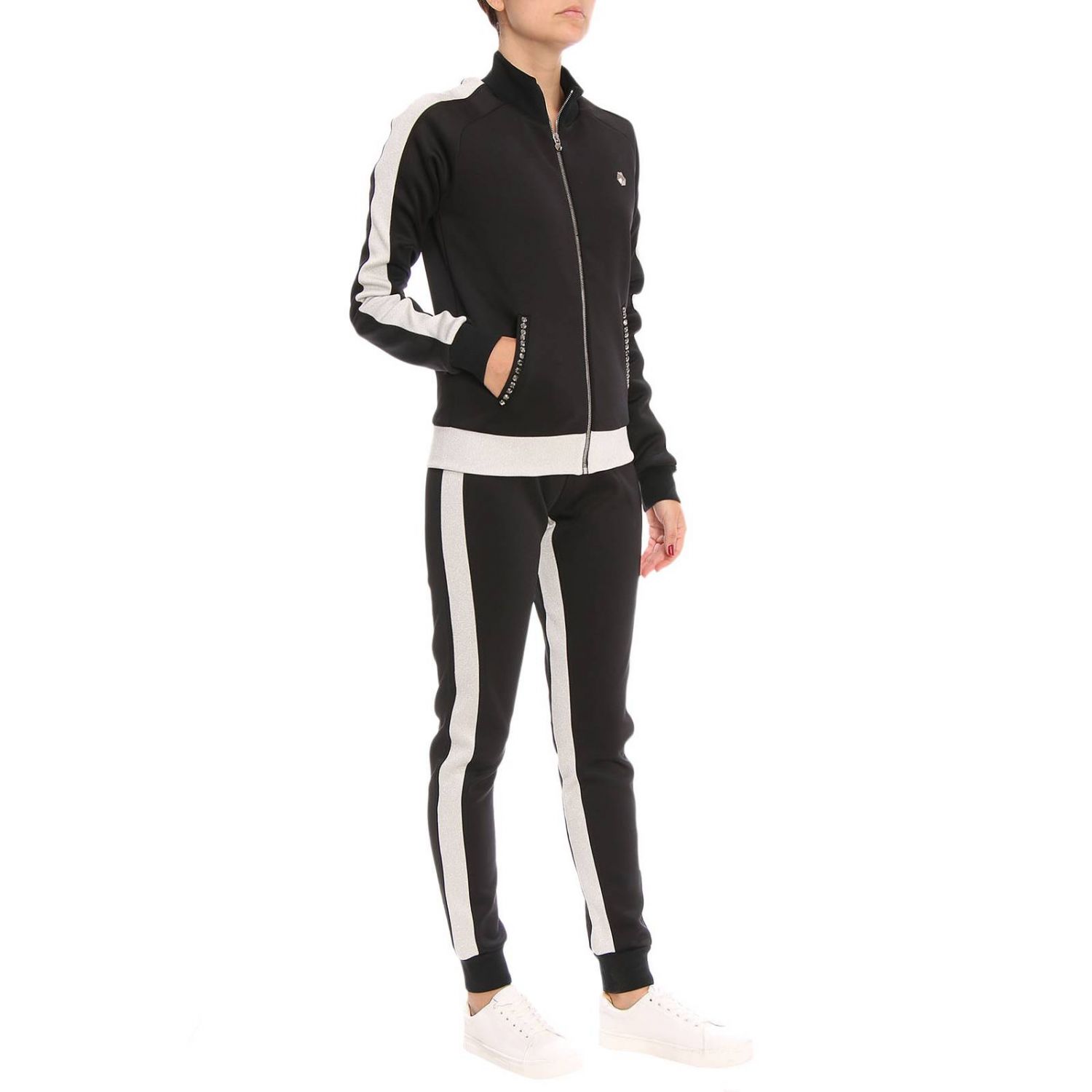 Philipp Plein Outlet: Felpa + Pantalone jogging Ematyne in tessuto tecnico  stretch con strass e bande lurex - Nero | Tuta Philipp Plein WJJ0007  PXV071N GIGLIO.COM