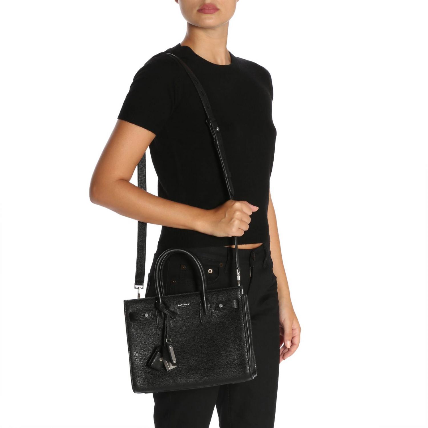 SAINT LAURENT: Borsa Sac De Jour baby in pelle grain de poudre con tracolla  amovibile - Nero | Borsa A Mano Saint Laurent 477477 DTI0E GIGLIO.COM