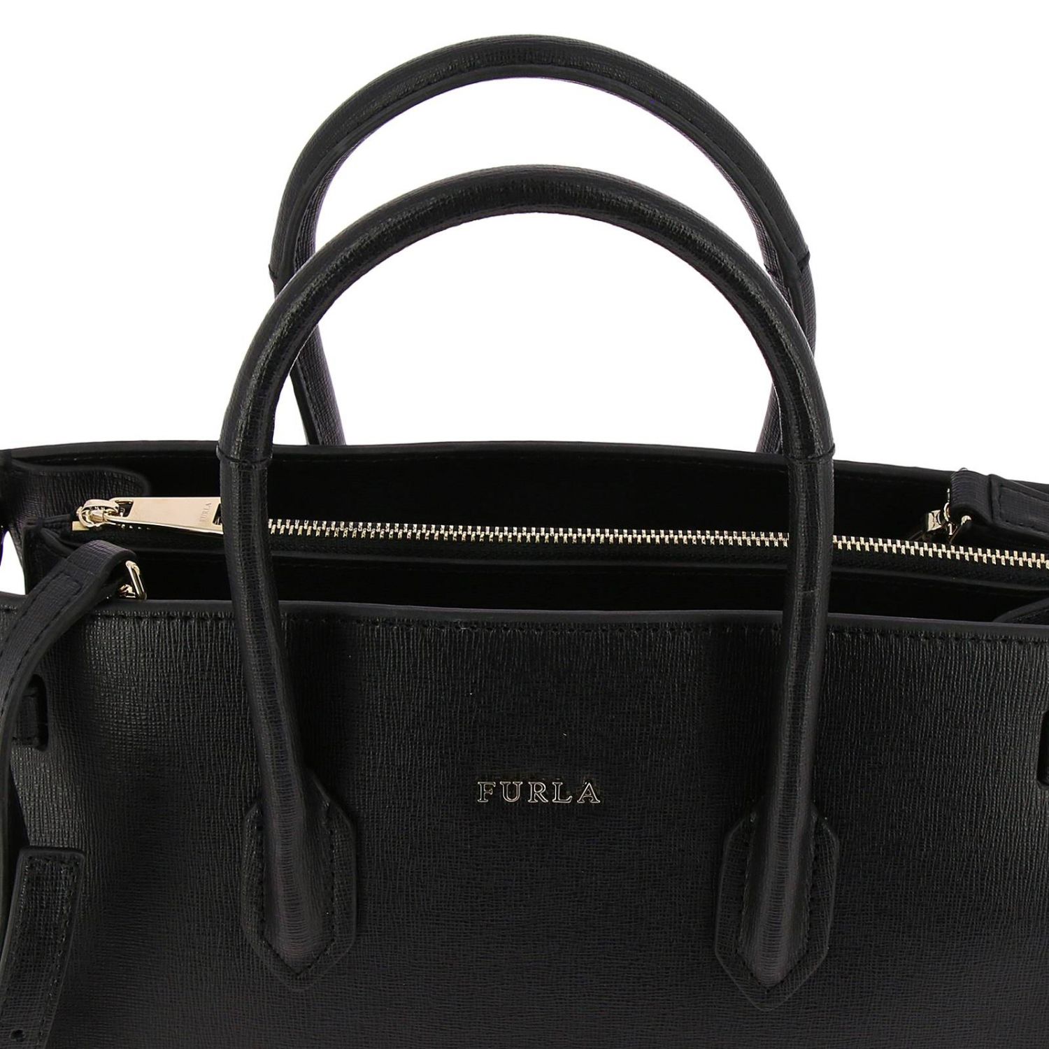 Furla Outlet: Borsa Pin shopping small in pelle texturizzata con linguette  espansive e tracolla amovibile - Nero | Borsa A Mano Furla 942235 BLS1  GIGLIO.COM