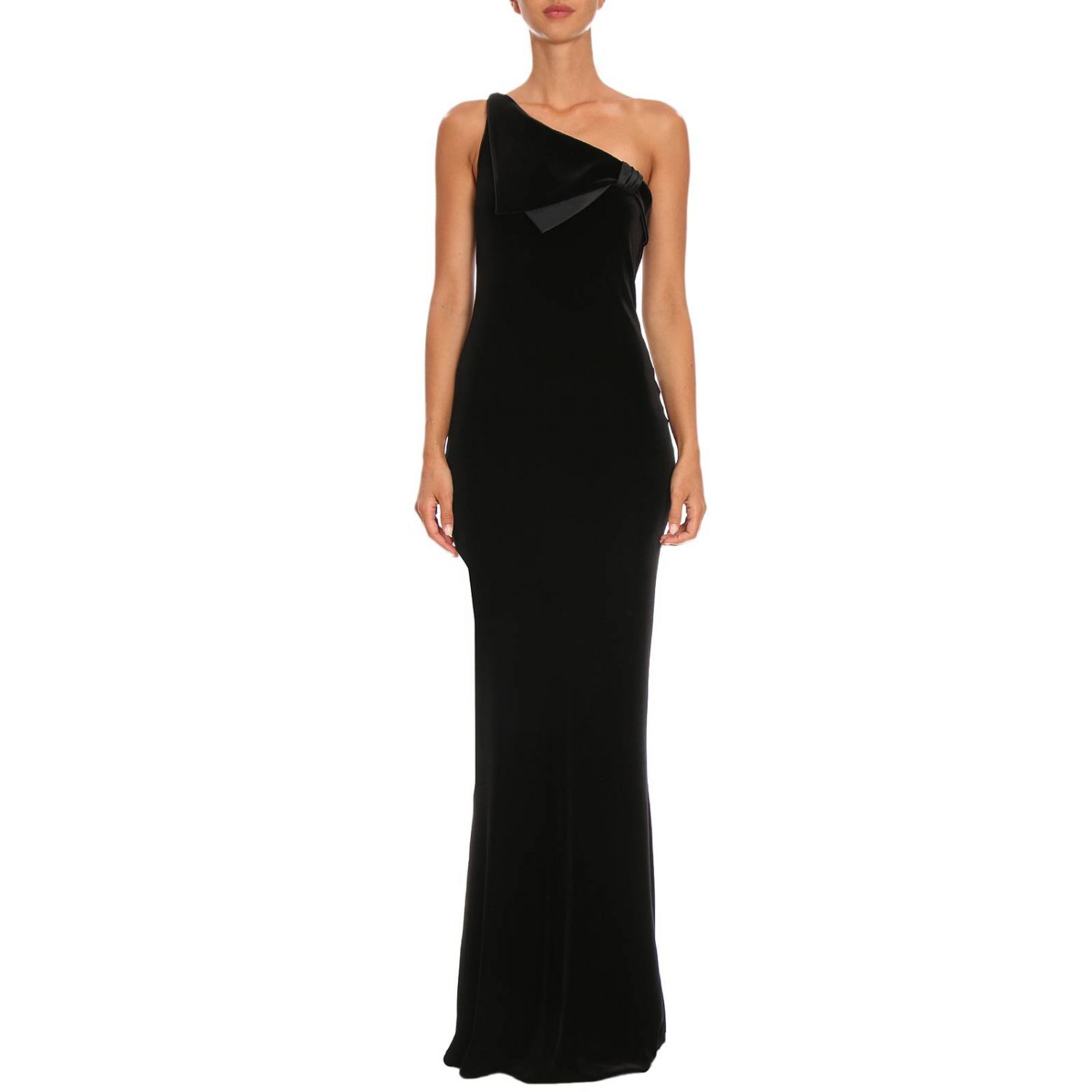 Emporio Armani Outlet: Abito lungo a monospalla in velluto con maxi fiocco  asimmetrico - Nero | Abito Emporio Armani 6Z2A6K 2JW4Z GIGLIO.COM