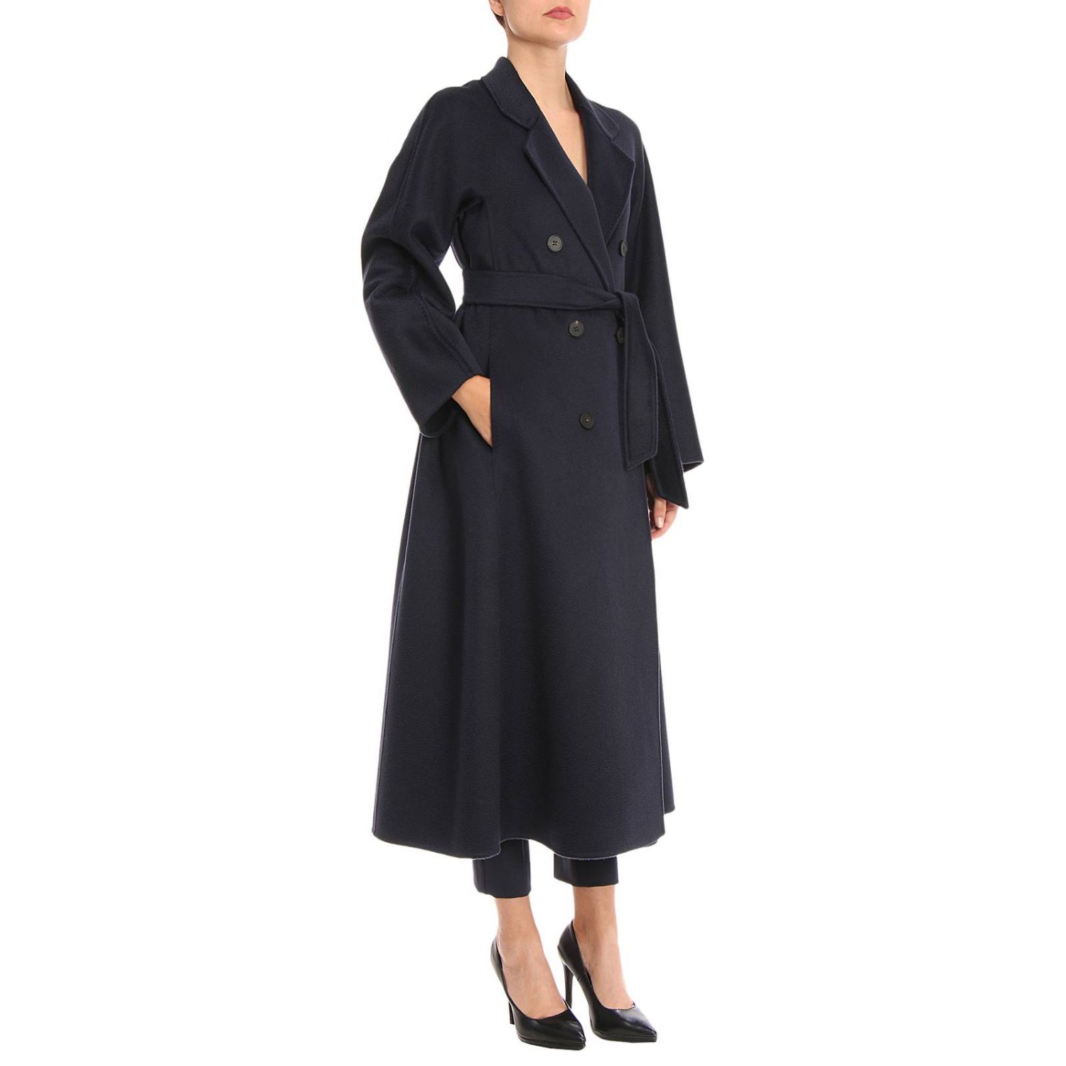 Max Mara Outlet Cappotto Bondone a doppiopetto in puro cashmere effetto zibellinato con cintura Max Mara Outlet Cappotto Bondone a doppiopetto in puro cashmere effetto zibellinato con cintura