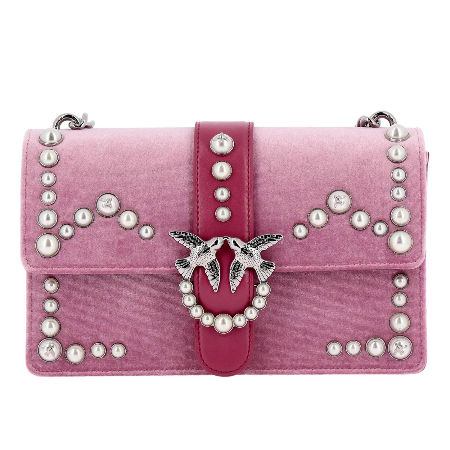 PINKO Love Bag Velvet with Pearls and chain shoulder strap