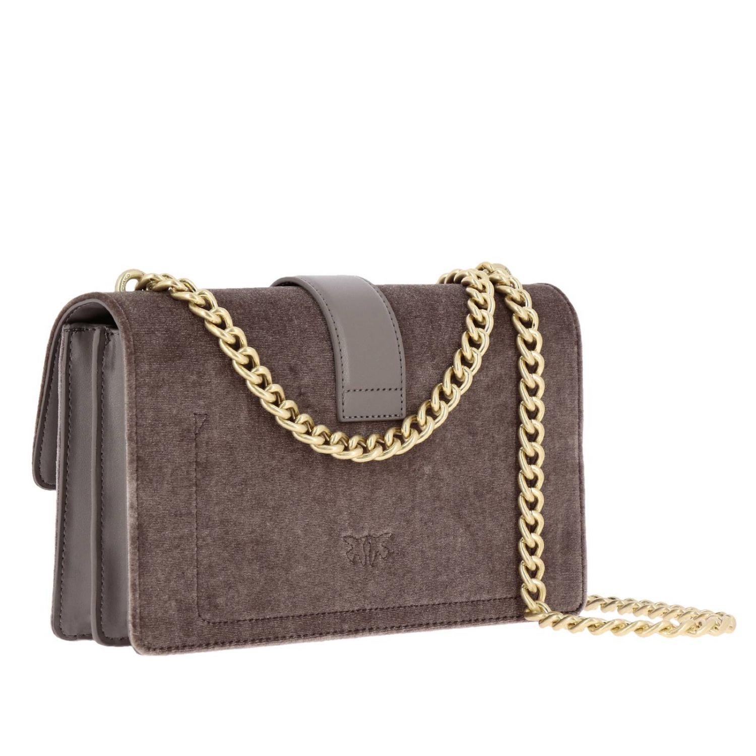 PINKO: Love Bag Velvet with Pearls and chain shoulder strap - Dove Grey ...