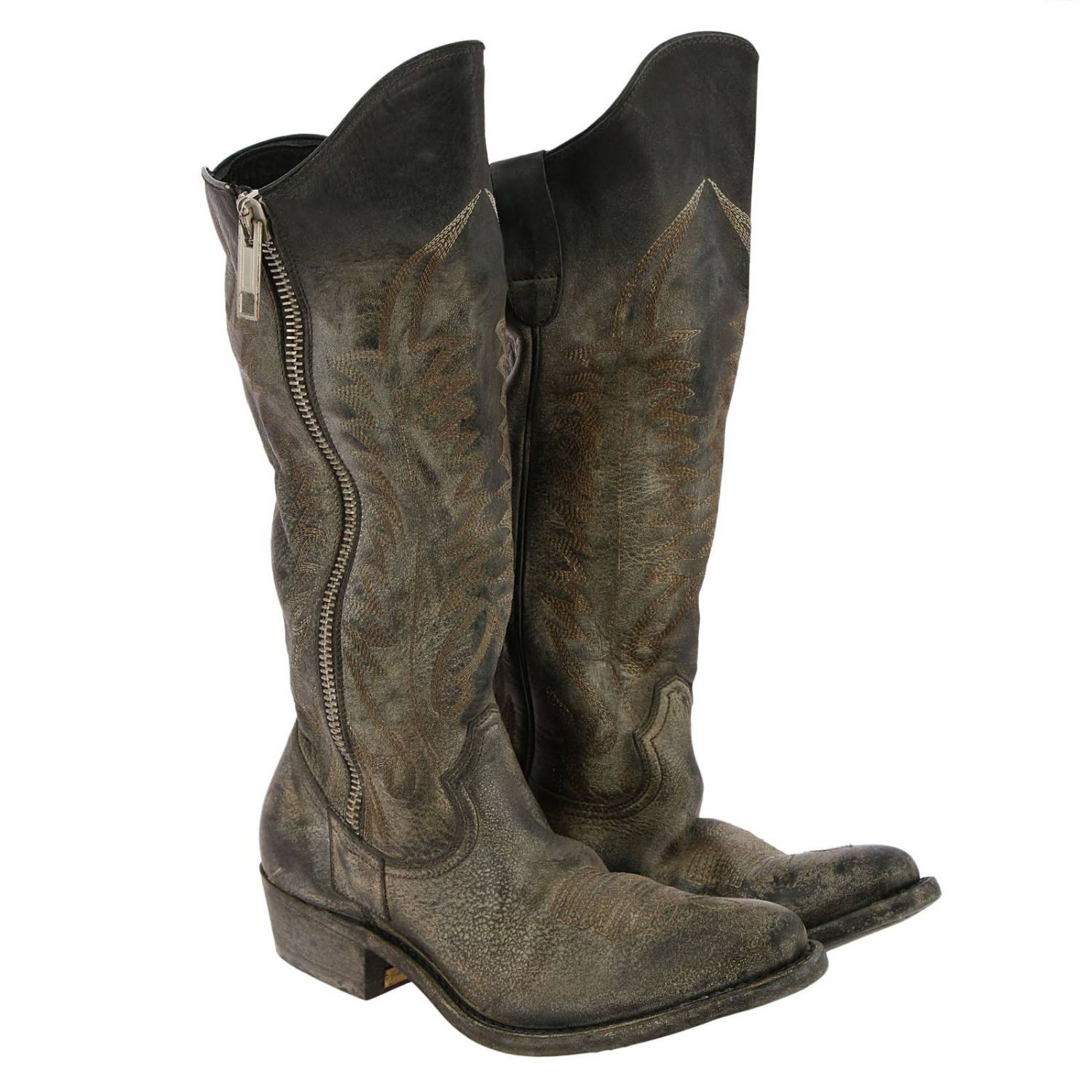 Golden Goose Outlet: Stivale Golden zip stile texano in pelle invecchiata  con ricami - Nero | Stivali Golden Goose G33WS108 B7 GIGLIO.COM
