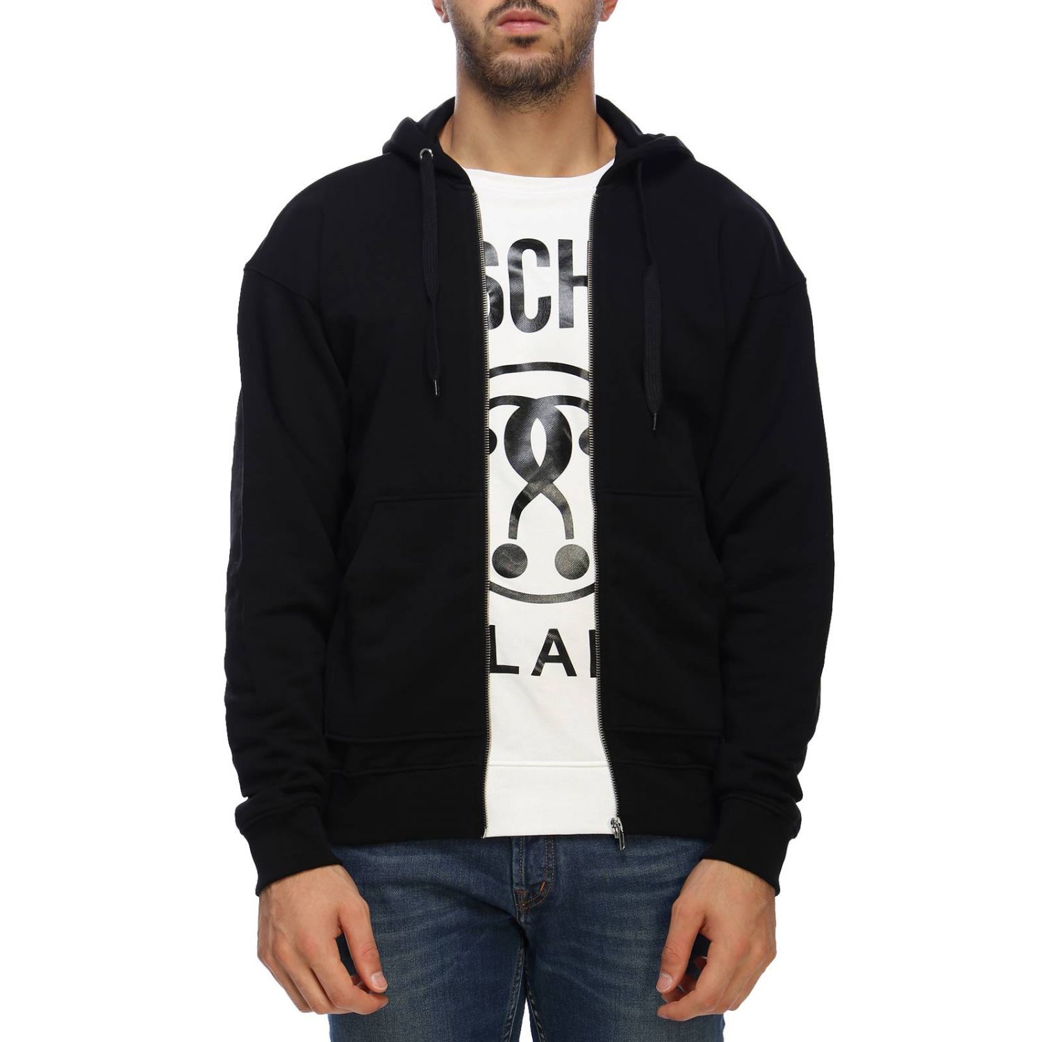 Moschino Couture Outlet: Felpa full zip con cappuccio in puro cotone con  maxi stampa recycle Moschino - Nero | Felpa Moschino Couture 1717 5227  GIGLIO.COM