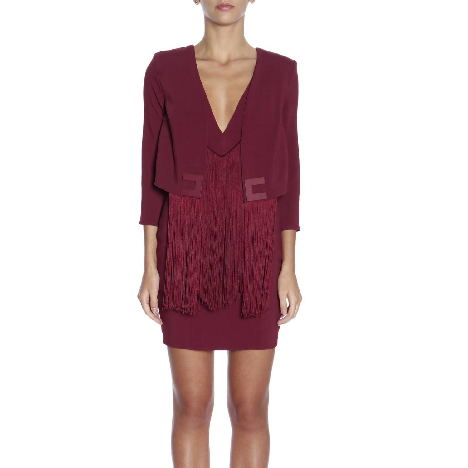 Elisabetta Franchi Outlet: Manica 3/4 con frange e finta giacca - Bordeaux  | Abito Elisabetta Franchi AB486 87E2 GIGLIO.COM