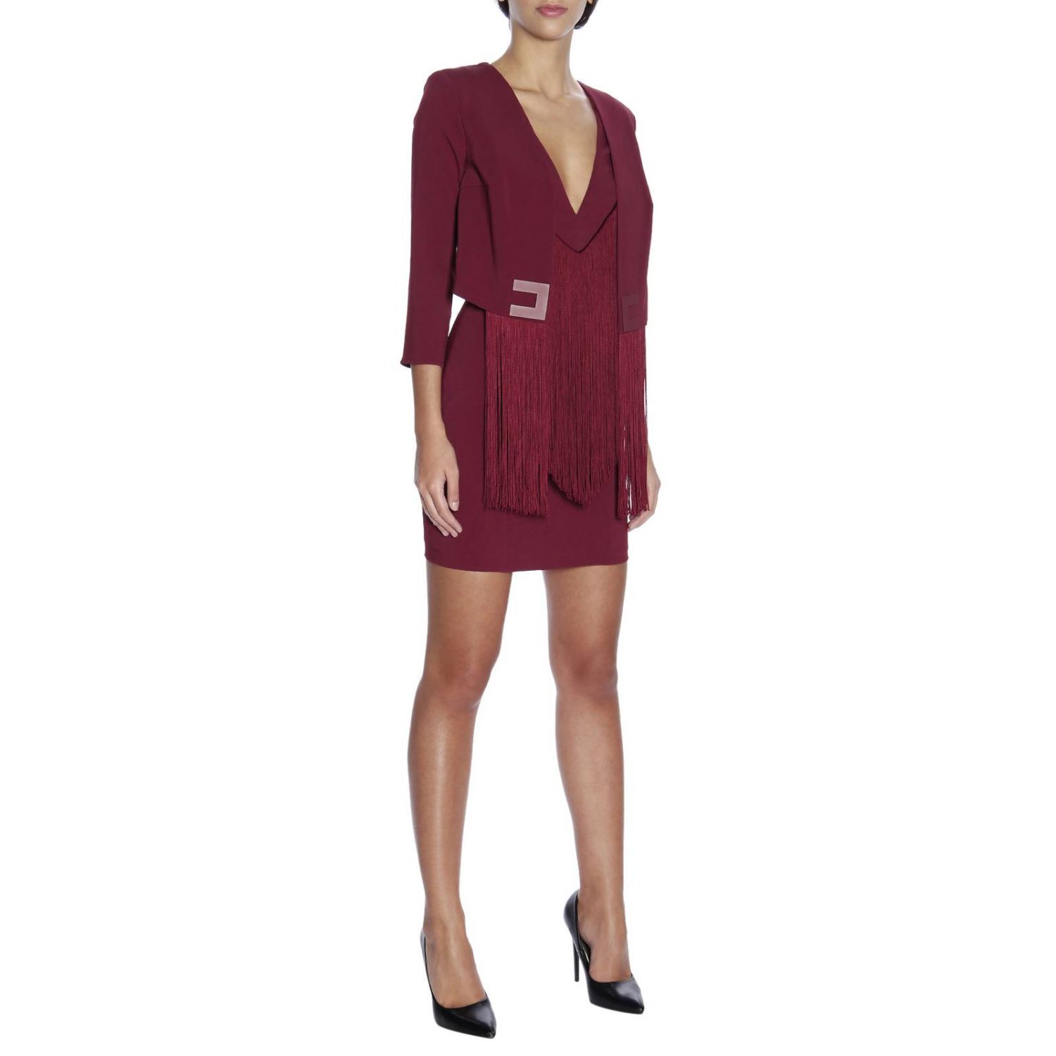 Elisabetta Franchi Outlet: Manica 3/4 con frange e finta giacca - Bordeaux  | Abito Elisabetta Franchi AB486 87E2 GIGLIO.COM