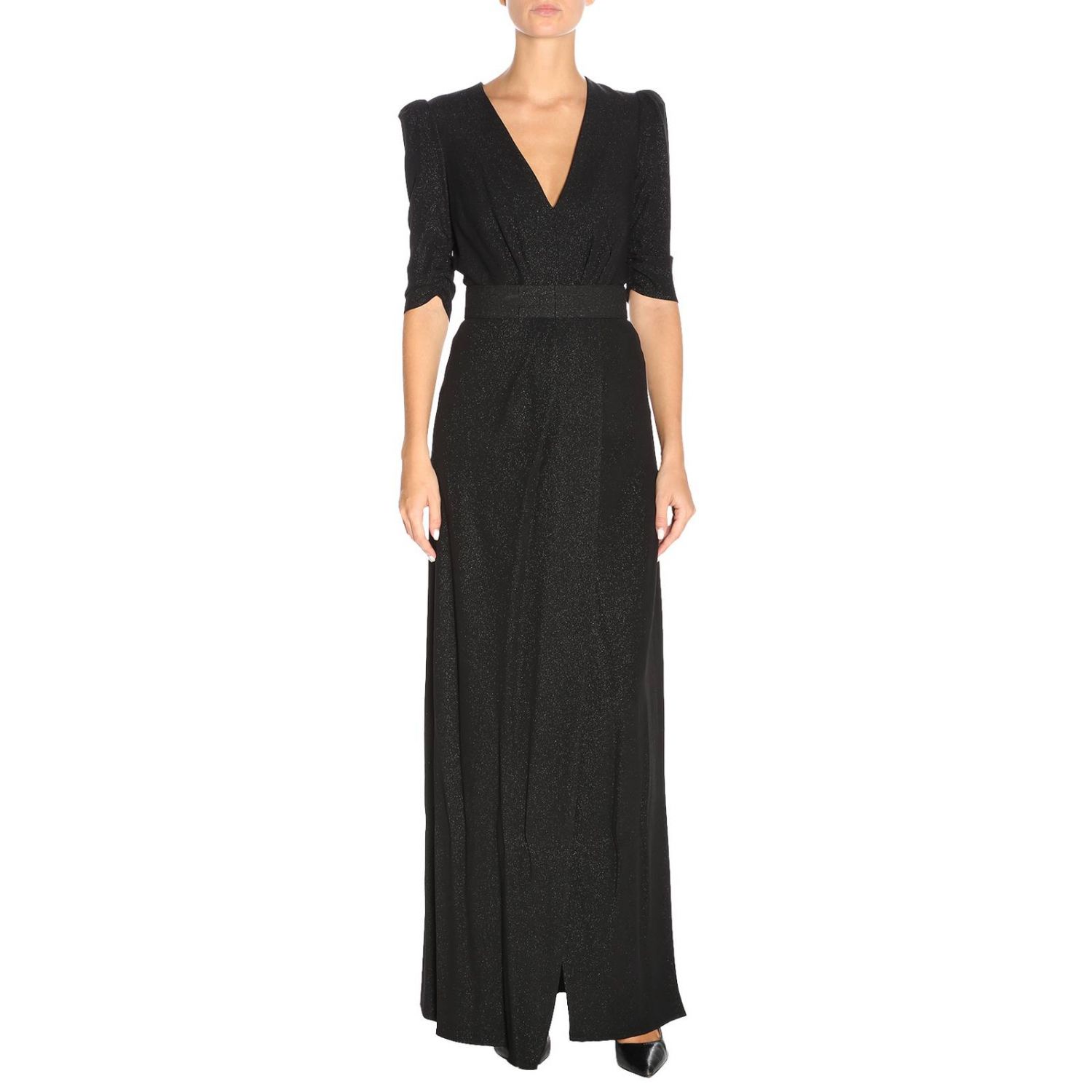Elisabetta Franchi Outlet: Abito lungo con maniche a 3/4 in tessuto laminato  - Nero | Abito Elisabetta Franchi AB526 87E2 GIGLIO.COM