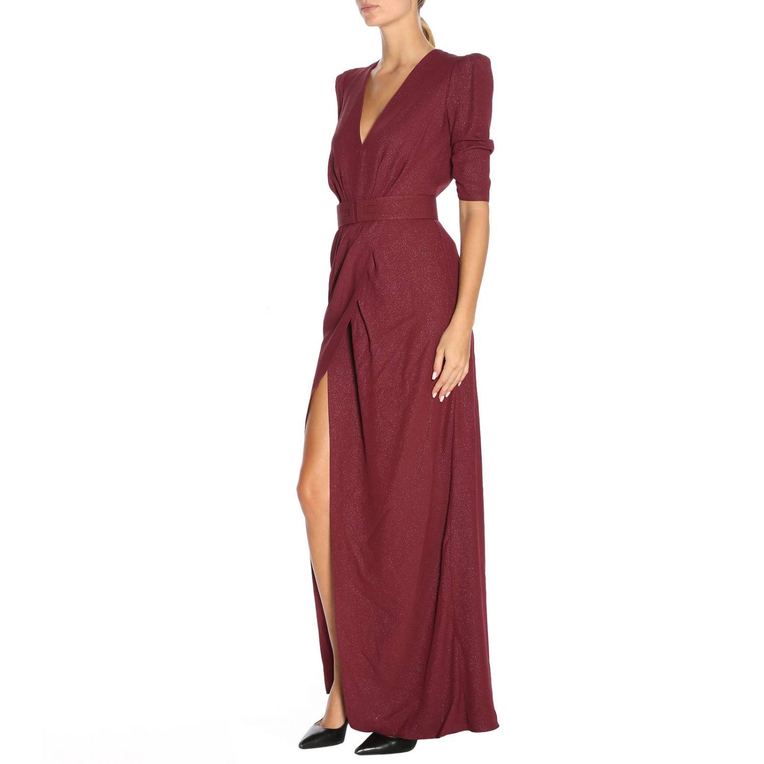Elisabetta Franchi Outlet: Abito lungo con maniche a 3/4 in tessuto  laminato - Bordeaux | Abito Elisabetta Franchi AB526 87E2 GIGLIO.COM
