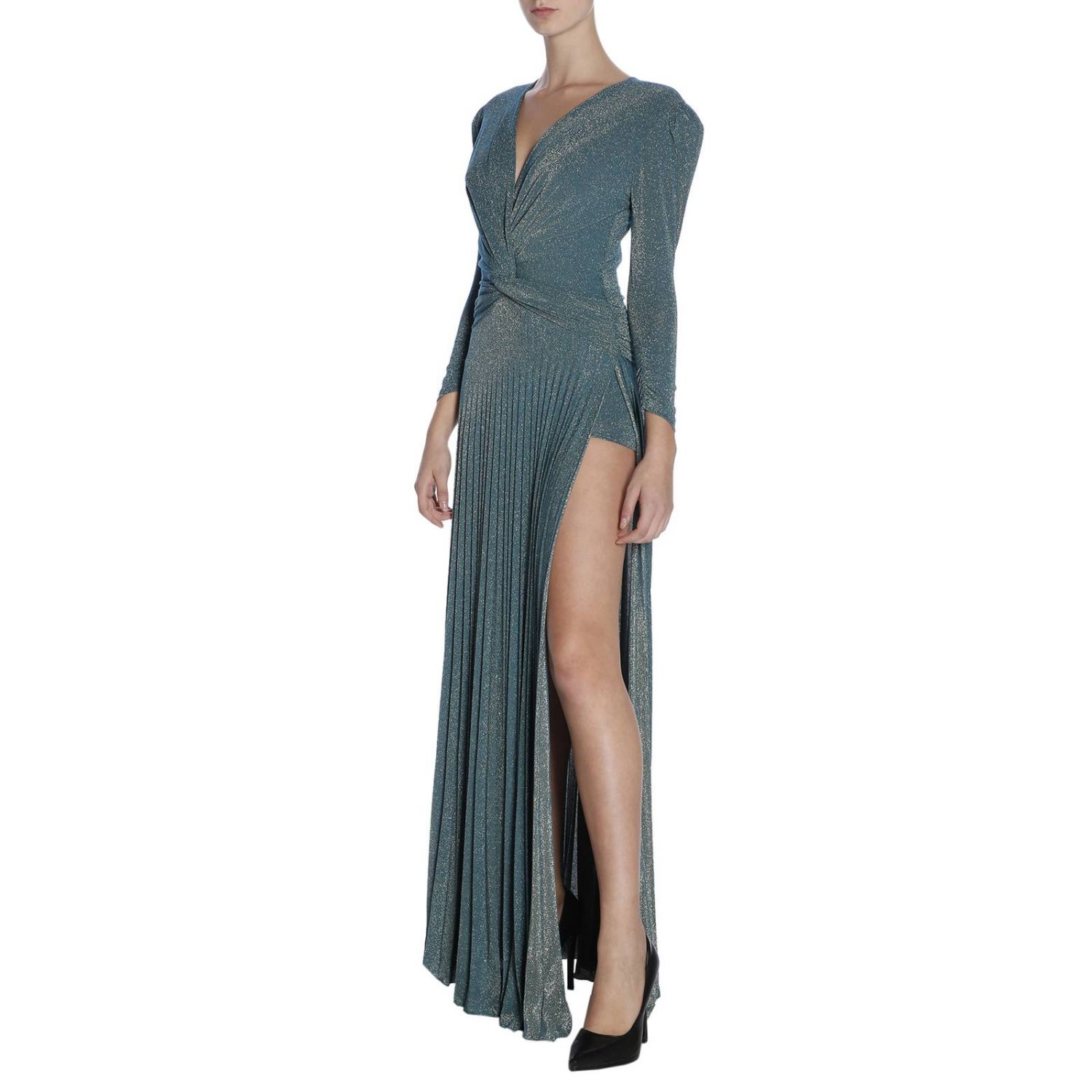 Elisabetta Franchi Outlet: Abito lungo in tessuto lurex con drappeggio -  Pavone | Abito Elisabetta Franchi AB622 88E2 GIGLIO.COM