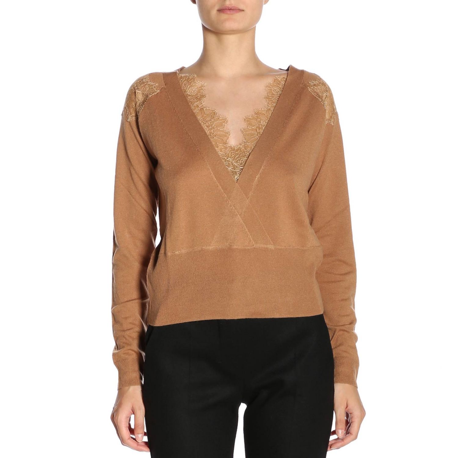Twinset Outlet: Maglia incrociata in misto lana con rifiniture in pizzo -  Cammello | Maglia Twinset PA83AC GIGLIO.COM