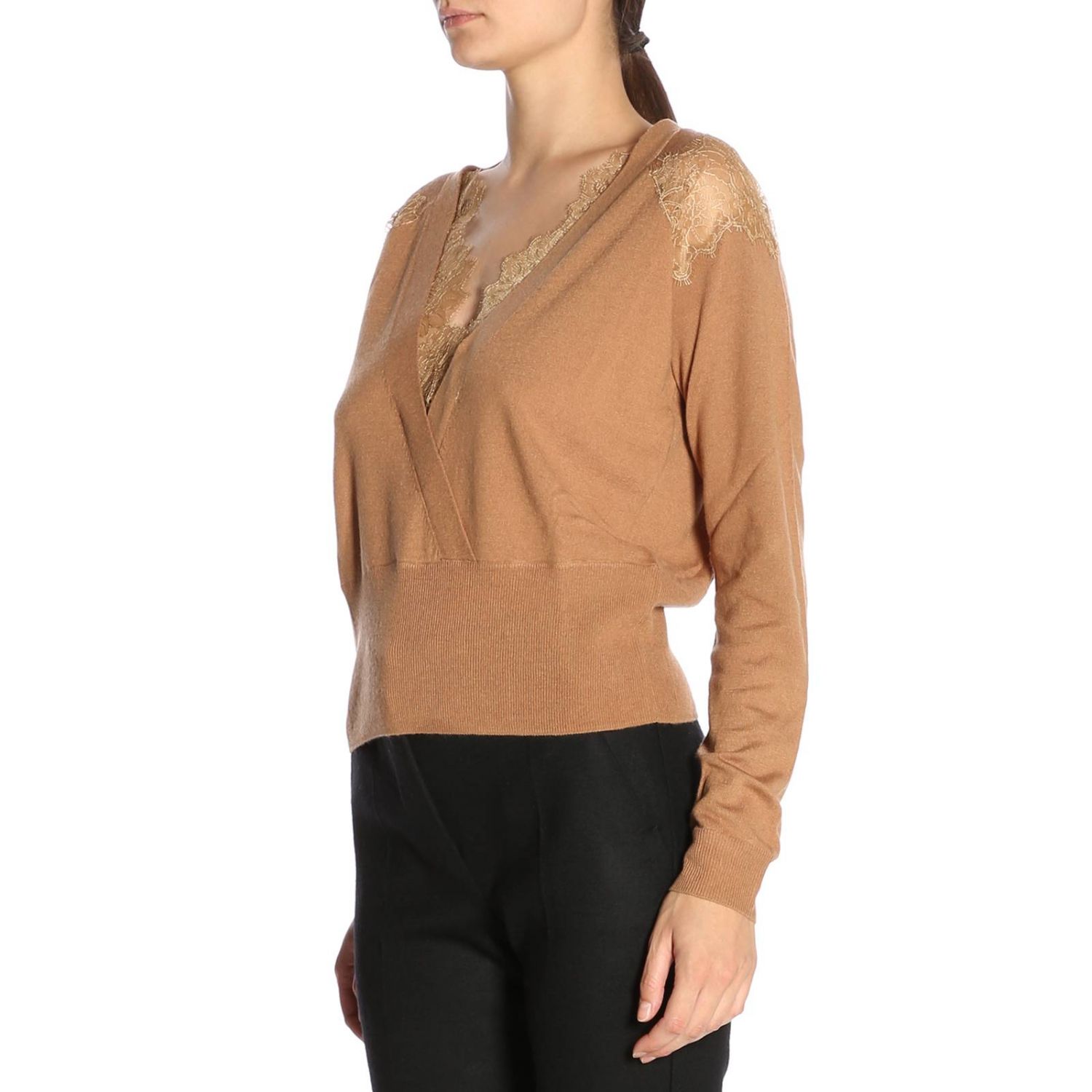 Twinset Outlet: Maglia incrociata in misto lana con rifiniture in pizzo -  Cammello | Maglia Twinset PA83AC GIGLIO.COM