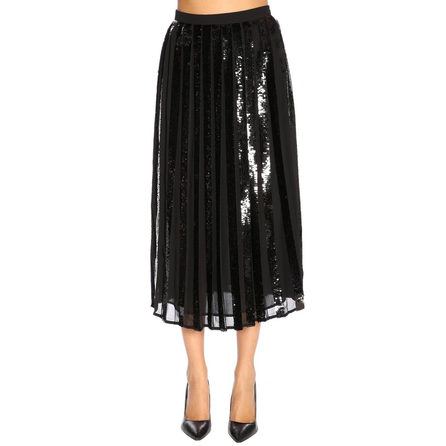 Twinset Outlet: Gonna lunga e plissettata in misto viscosa con paillettes -  Nero | Gonna Twinset PA82J3 GIGLIO.COM