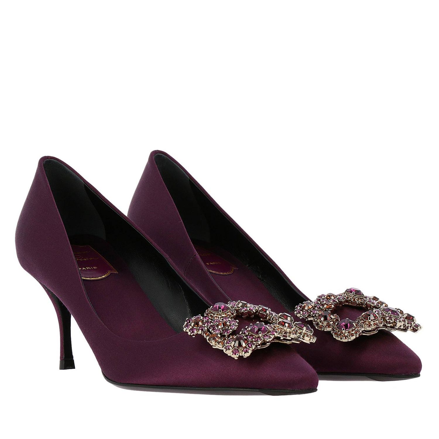 Roger Vivier Flower Rhinestone Satin Décolleté With Flower Crystal Buckle Wine Roger Vivier 