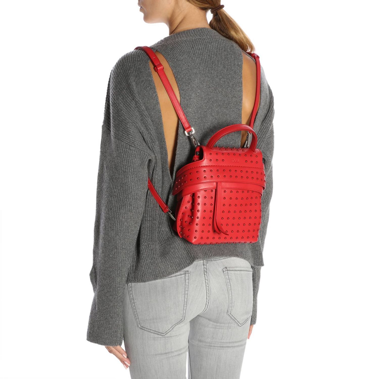 Tod's Outlet: Zaino Wave in pelle liscia con mini gommi all over - Rosso | Zaino  Tod's XBWAMSGA101 RLX GIGLIO.COM