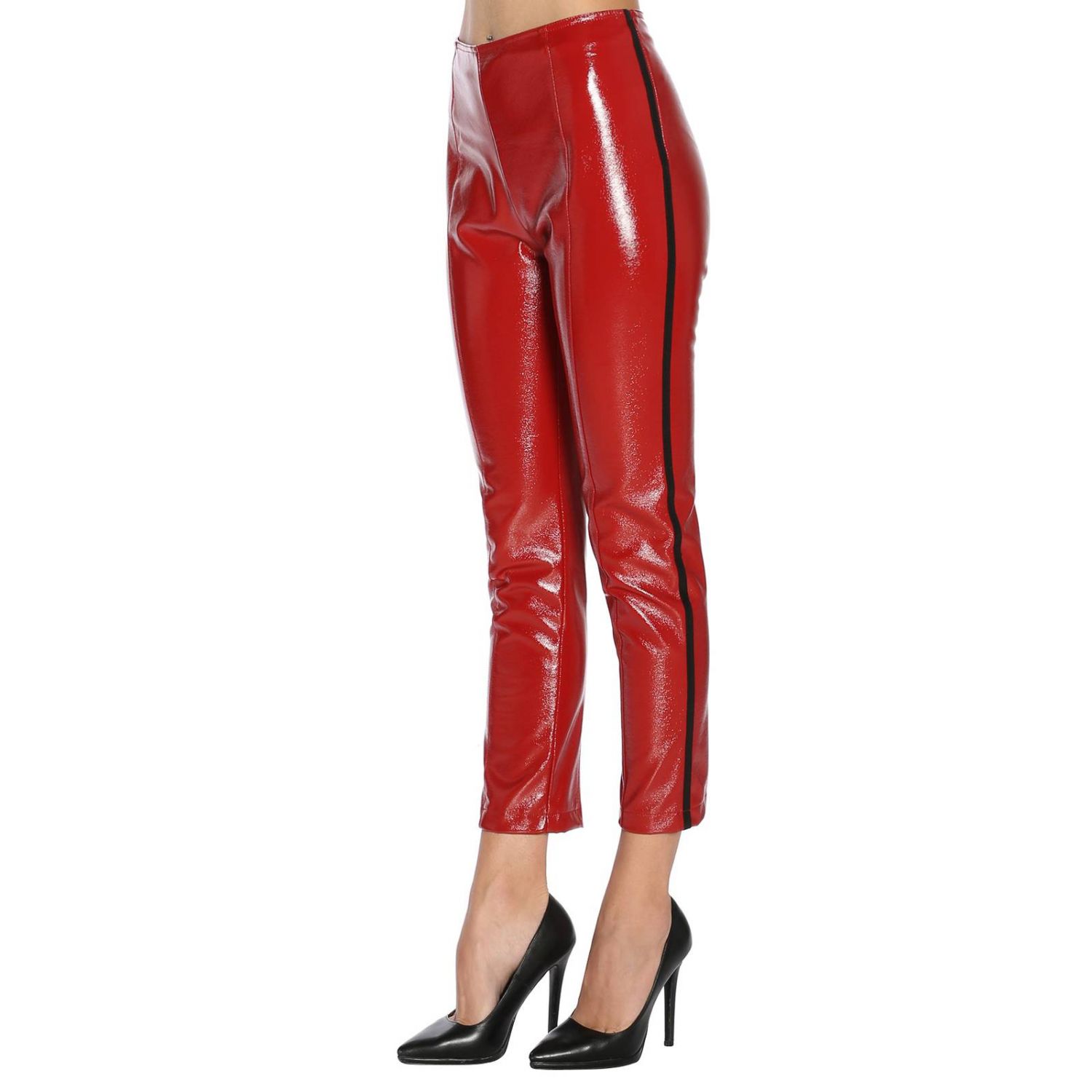 Pinko Uniqueness Outlet: Pantalone Depilazione slim a vita alta in vernice  lucida con bande a contrasto - Rosso | Pantalone Pinko Uniqueness  3U10F4-6517 DEPILAZIONE GIGLIO.COM