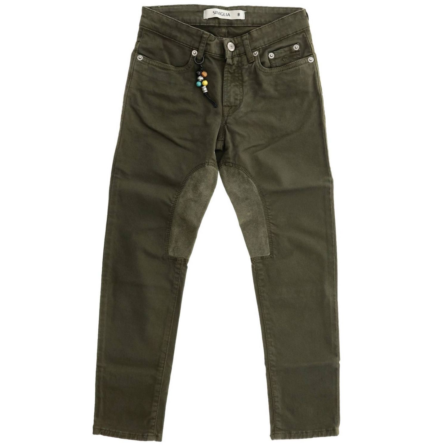 Siviglia Outlet: Pantalone a 5 tasche in gabardine con toppe in Alcantara -  Oliva | Pantalone Siviglia P001J 10144B GIGLIO.COM