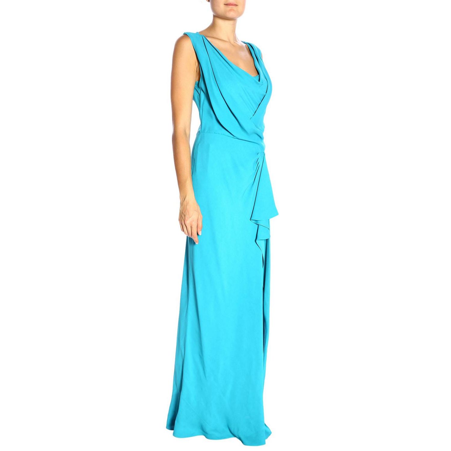 Alberta Ferretti Outlet: Abito in satin leggero con scollo a V drappeggiato  - Azzurro | Abito Alberta Ferretti A0415 1385 GIGLIO.COM