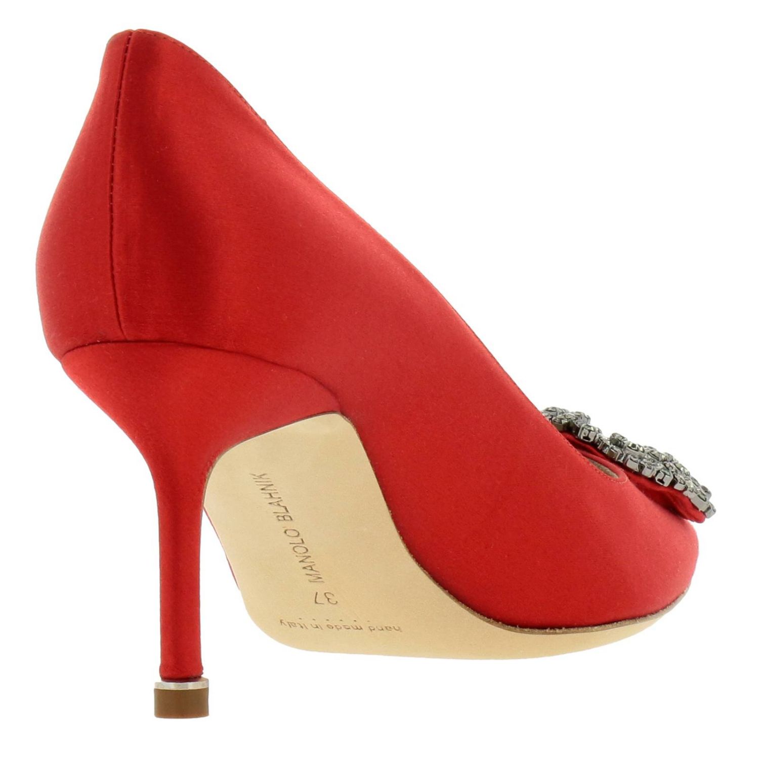 MANOLO BLAHNIK: Bombas de satén Hangisi con hebilla de diamantes de  imitación ahumados - Rojo | Zapatos De Salón Manolo Blahnik 9XX-0662  GIGLIO.COM