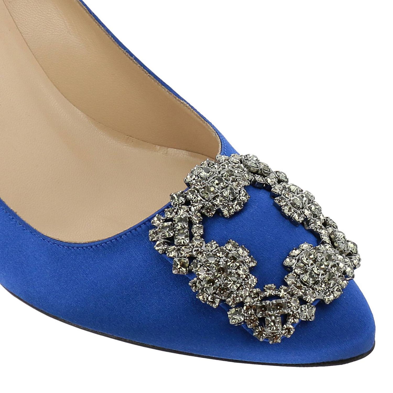MANOLO BLAHNIK Hangisi satin pumps with smoky rhinestone jewel buckle
