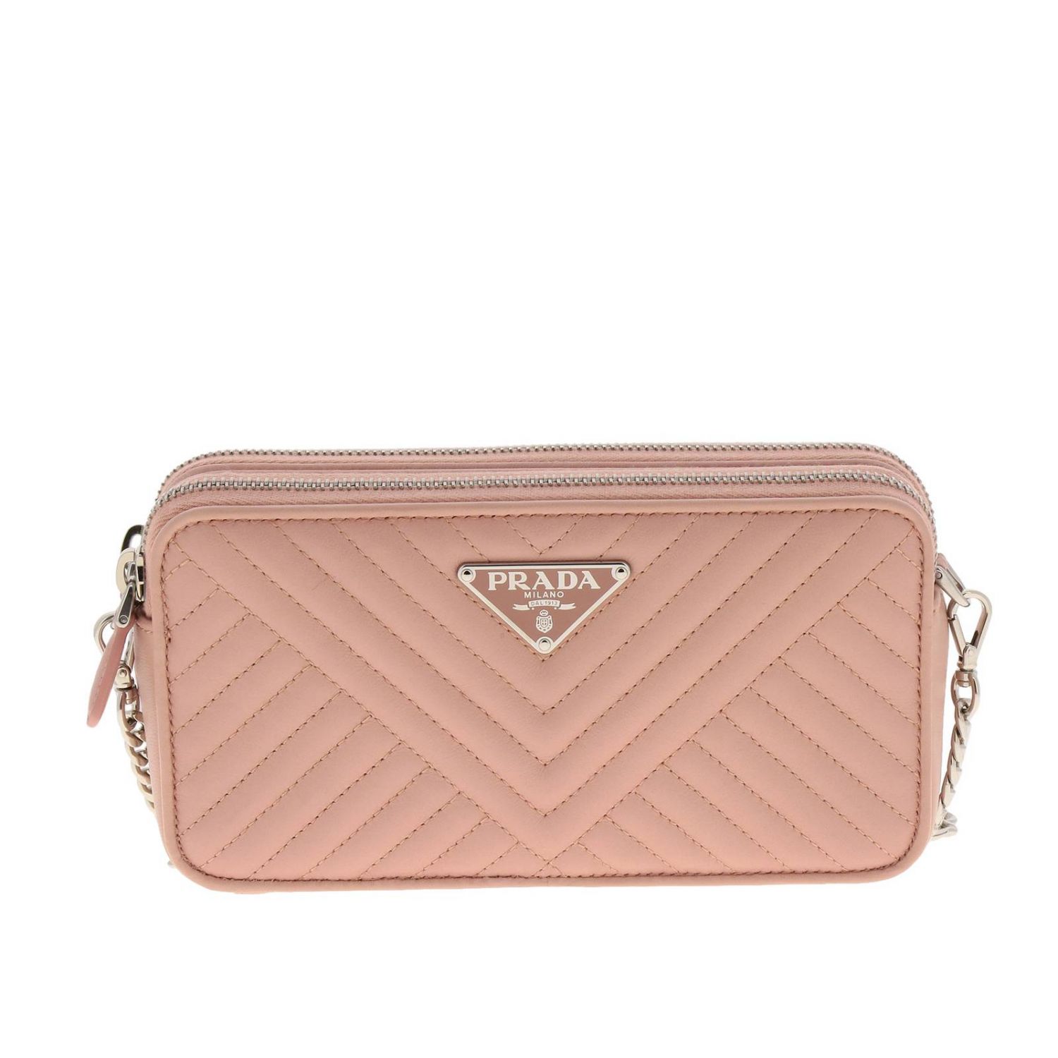 PRADA: Borsa mini bandoliera in nappa trapuntata con logo triangolare -  Cipria | Borsa Mini Prada 1DH010 2CET GIGLIO.COM