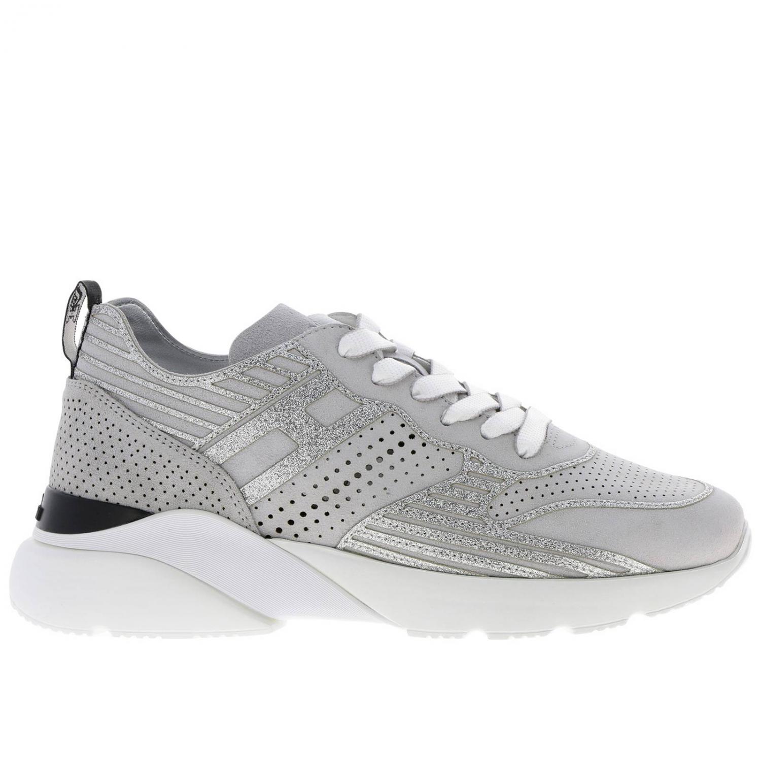 Hogan Outlet: Sneakers Active one 385 in camoscio traforato e intagliato  con H lunga glitter - Grigio | Sneakers Hogan HXW3850BM40 FFY GIGLIO.COM