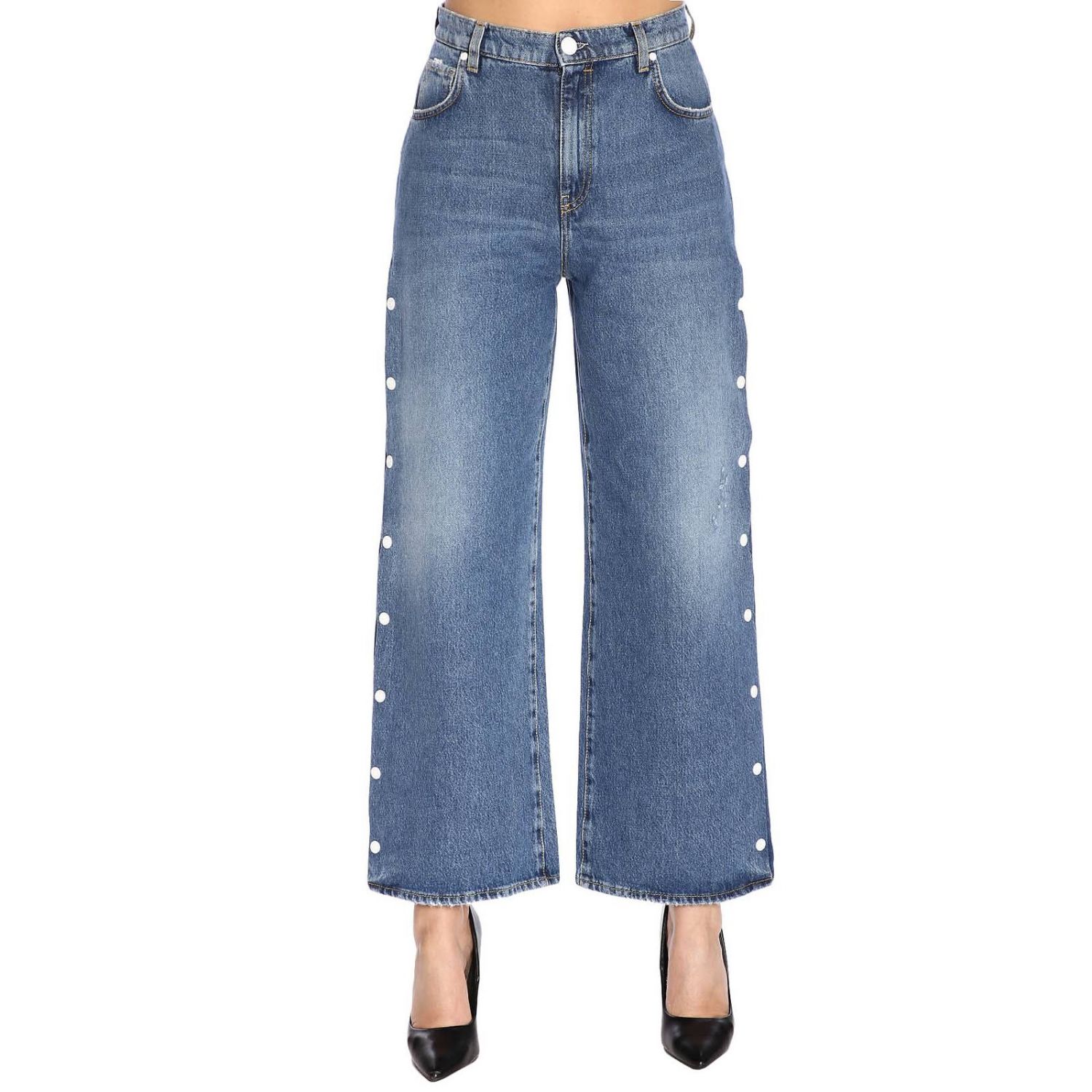 Pinko Jean Outlet: Jeans Ilary ampio in denim used con bottoni automatici  laterali - Denim | Jeans Pinko Jean 1X10E8-Y5AA ILARY GIGLIO.COM