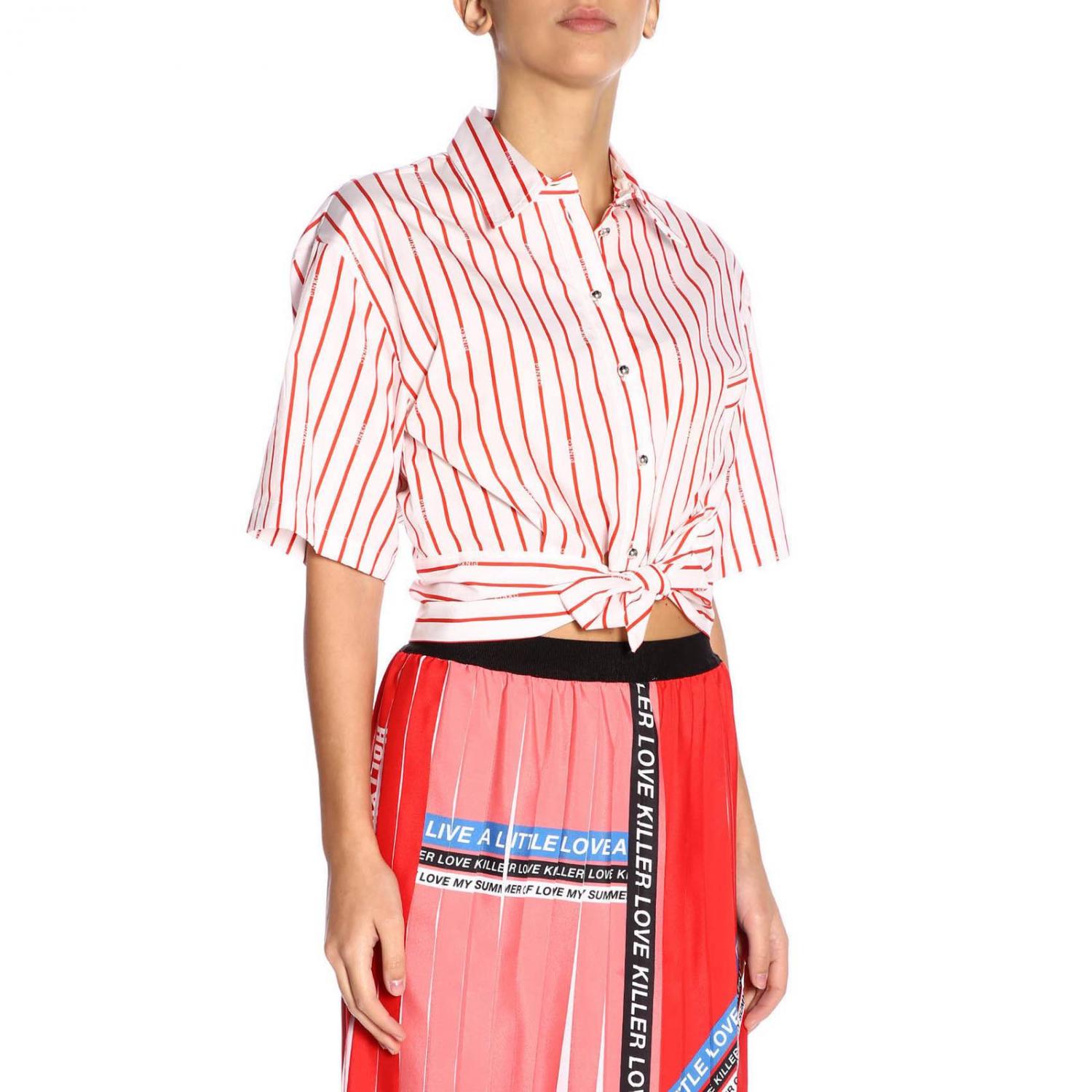 Pinko Outlet Camicia Chiaro In Popeline A Righe Con Maniche Corte E 