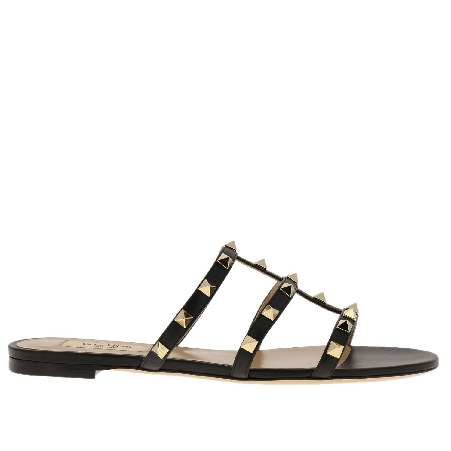 Valentino Rockstud Ankle Strap flat sandal in real smooth leather with ...