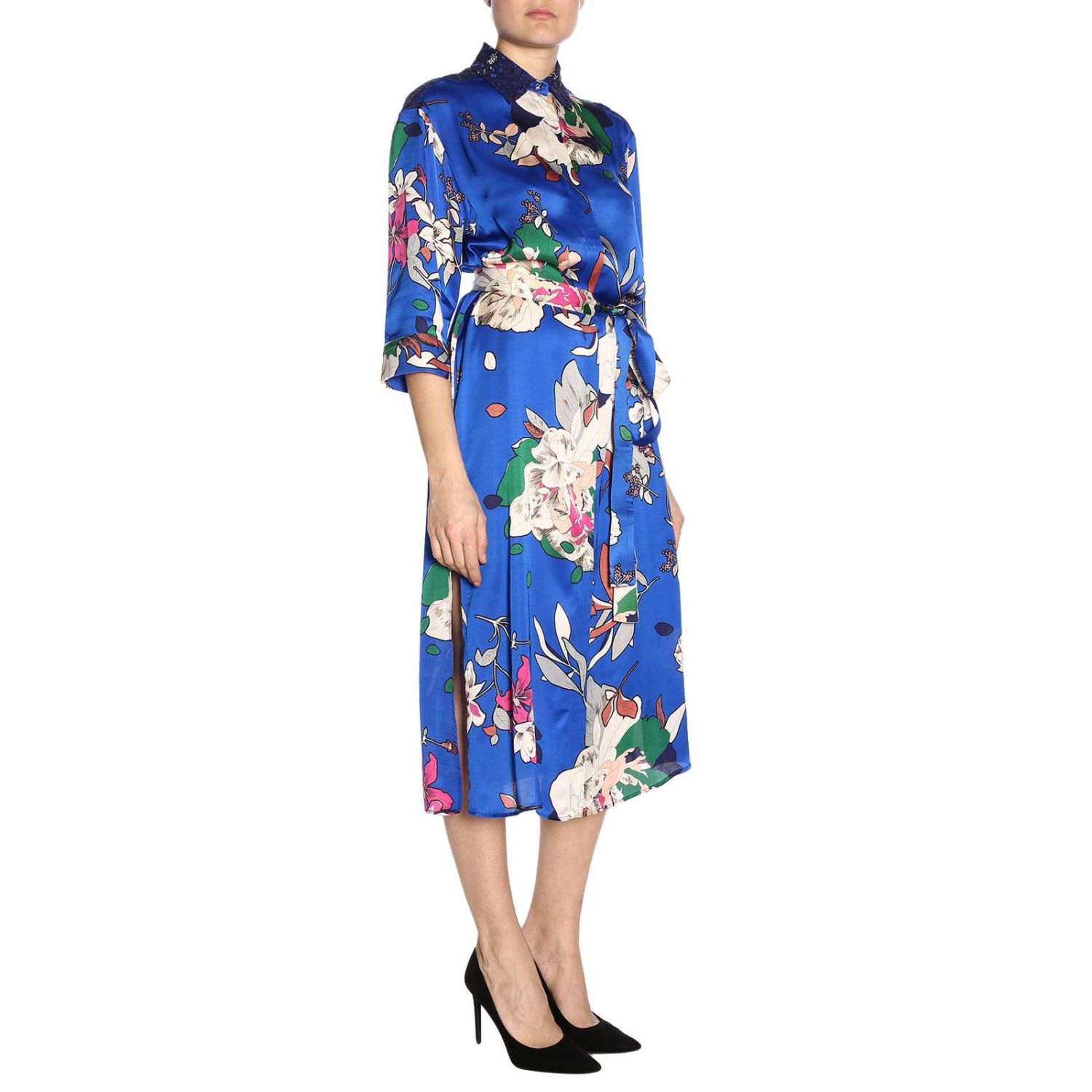 Twinset Outlet: Abito Twin-set Chemisier in raso a fantasia floreale -  Azzurro | Abito Twinset 191TP2454 GIGLIO.COM