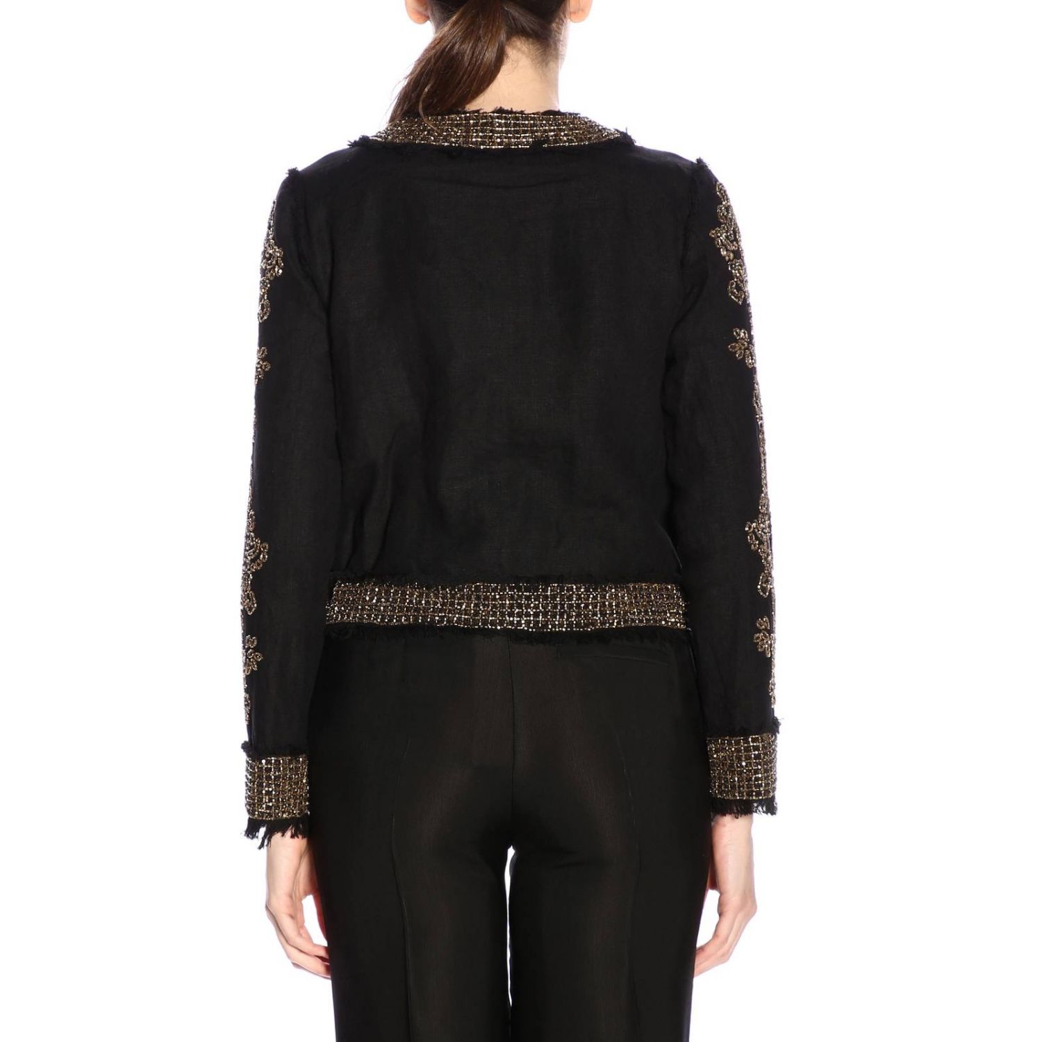 Twinset Outlet: Giacca Twin-set a girocollo in lino con ricami e strass -  Nero | Blazer Twinset 191TT2060 GIGLIO.COM