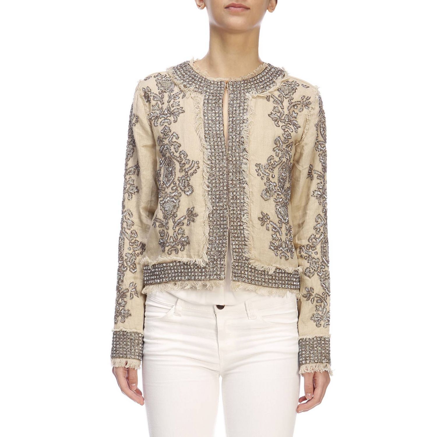 Twinset Outlet: Giacca Twin-set a girocollo in lino con ricami e strass -  Beige | Blazer Twinset 191TT2060 GIGLIO.COM