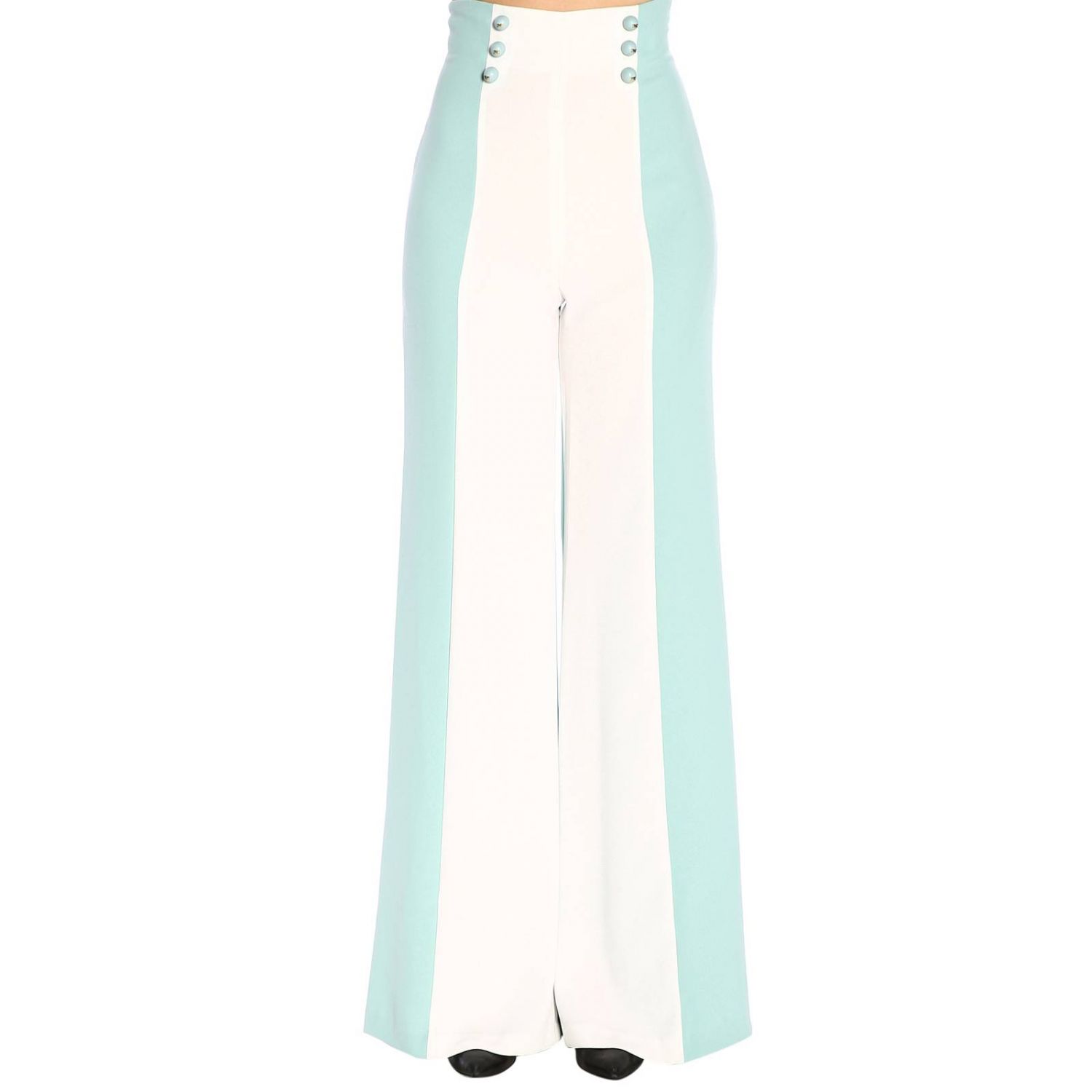 Elisabetta Franchi Outlet: Pantalone a vita alta in tessuto bicolor con  bottoni - Azzurro | Pantalone Elisabetta Franchi PA248 91E2 GIGLIO.COM