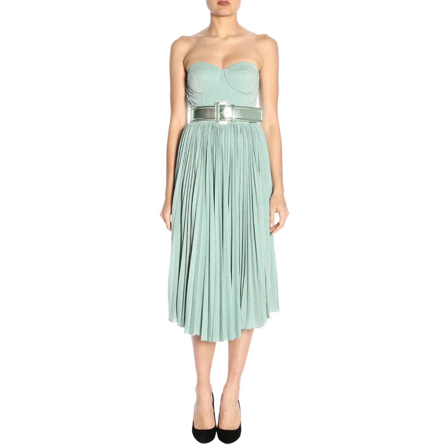 Elisabetta Franchi Outlet: Abito a cuore con maxi cinta laminata - Azzurro  | Abito Elisabetta Franchi AB793 92E2 GIGLIO.COM