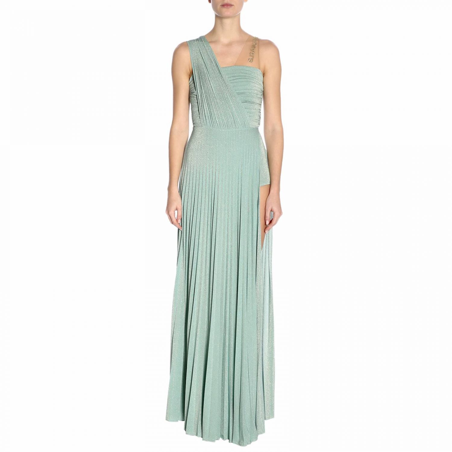 Elisabetta Franchi Outlet: Abito lungo in tessuto lurex con maxi logo di  strass - Verde | Abito Elisabetta Franchi AB794 92E2 GIGLIO.COM