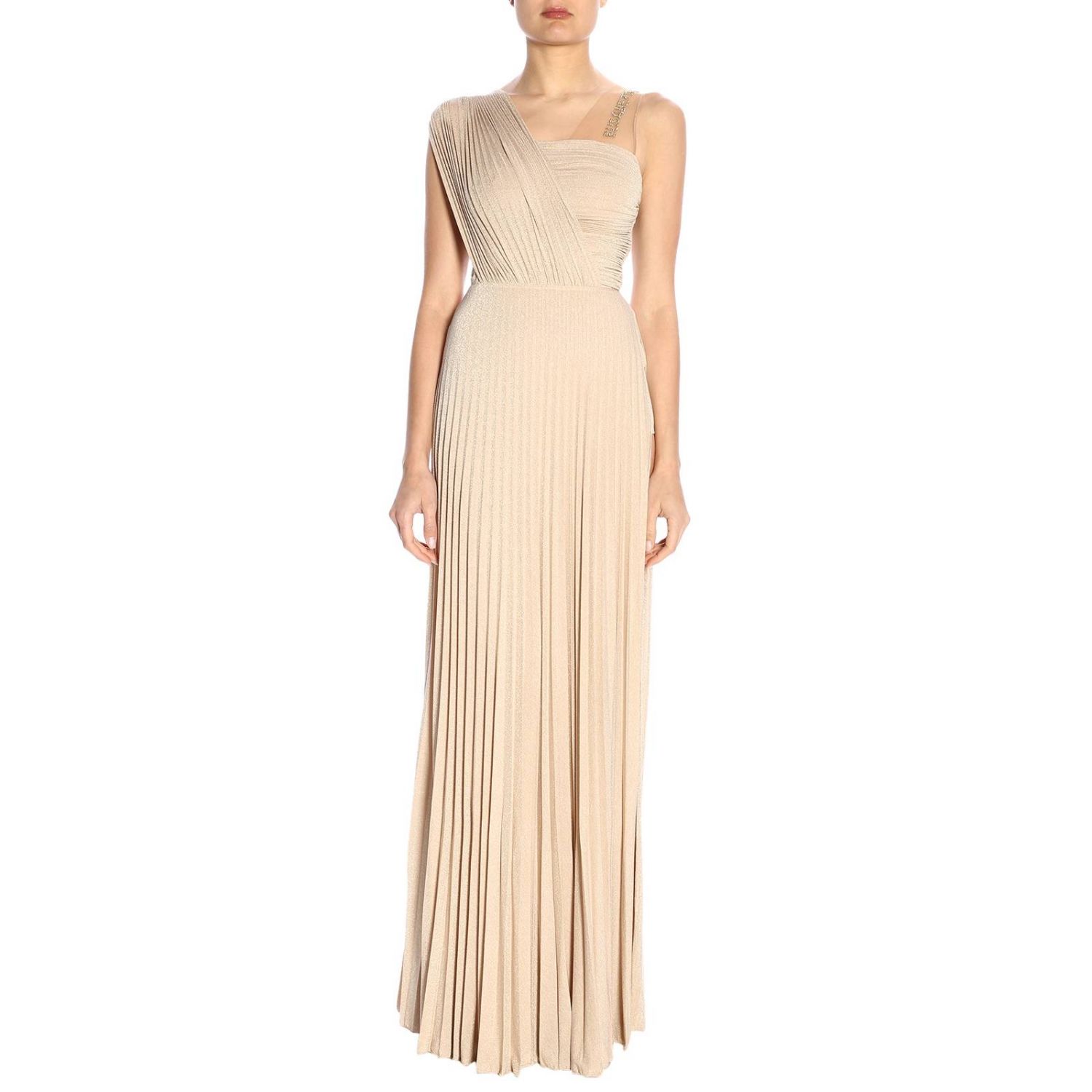 Elisabetta Franchi Outlet: Abito lungo in tessuto lurex con maxi logo di  strass - Cipria | Abito Elisabetta Franchi AB794 92E2 GIGLIO.COM