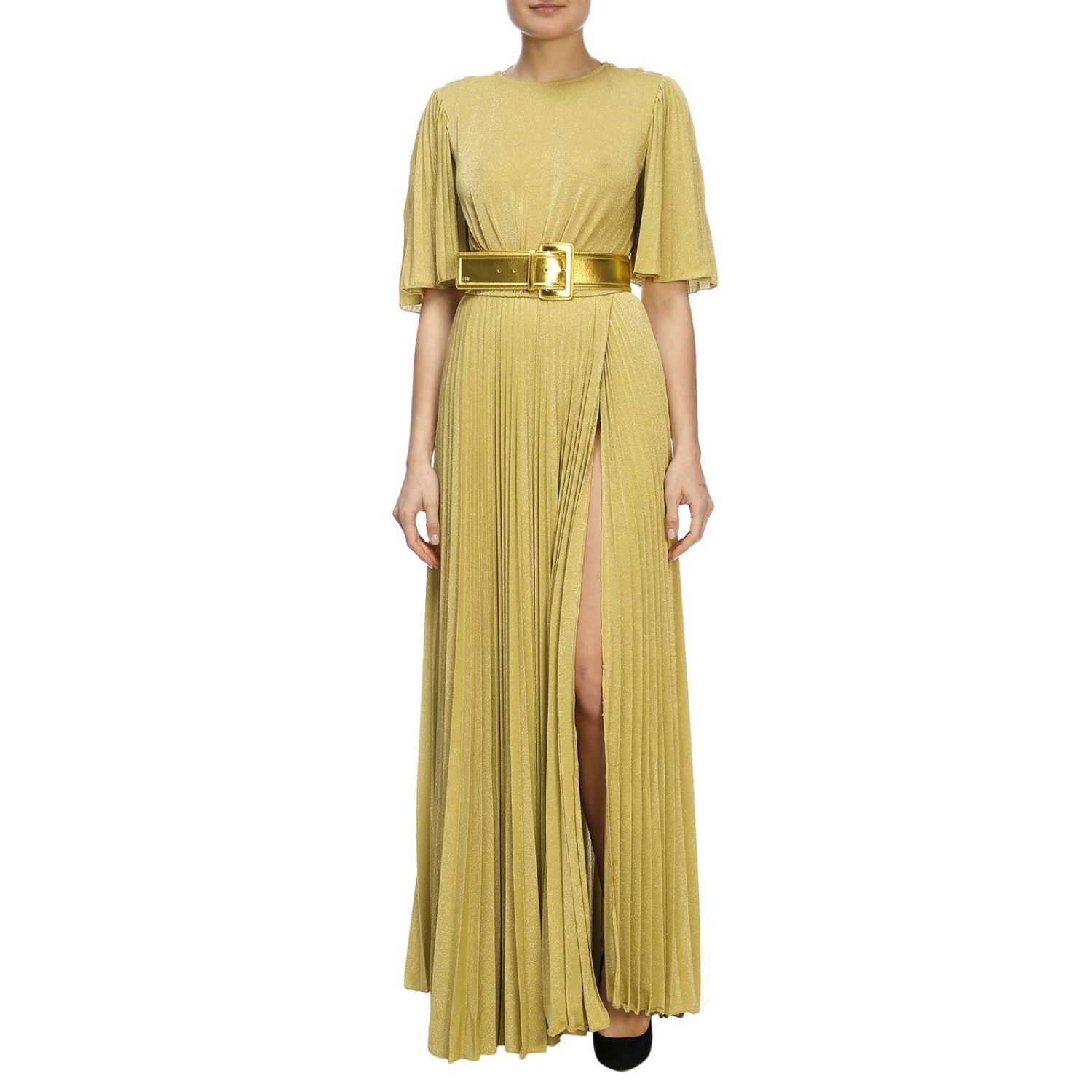 Elisabetta Franchi Outlet: Abito lungo in tessuto lurex con maxi cinta  laminata - Giallo | Abito Elisabetta Franchi AB791 92E2 GIGLIO.COM