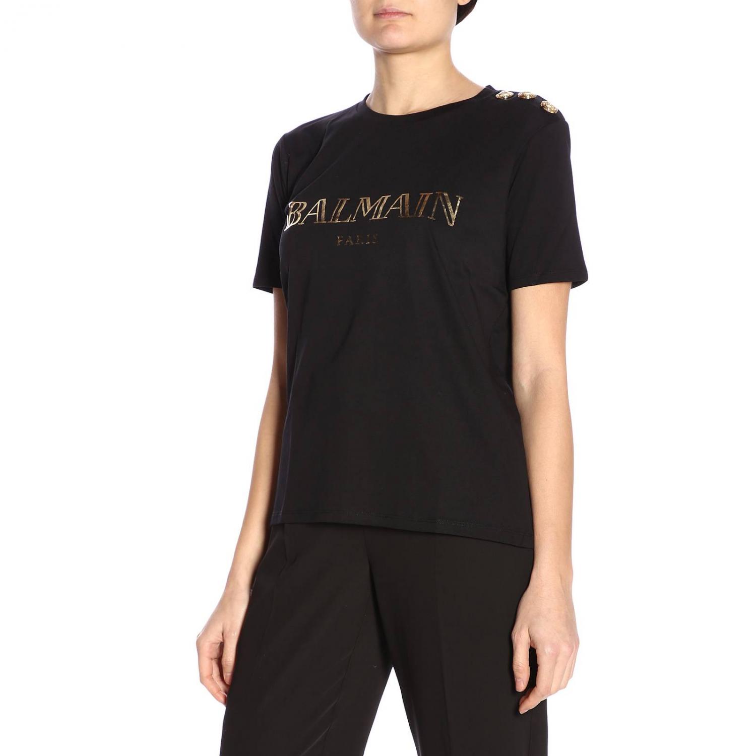 BALMAIN Tshirt a girocollo con maxi stampa Paris e bottoni TShirt