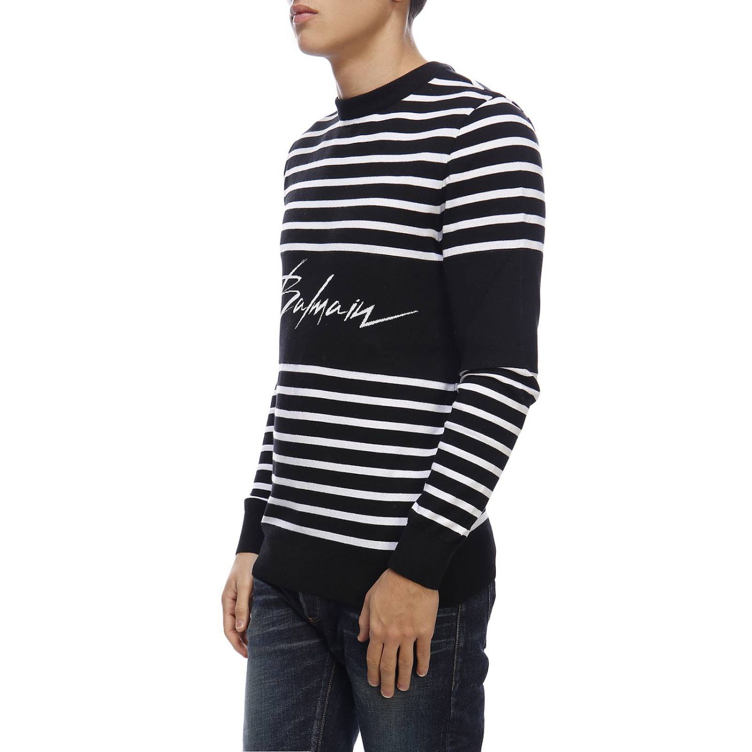 BALMAIN: Maglione a girocollo in cotone a righe con firma - Nero | Maglia  Balmain RH13163K025 GIGLIO.COM