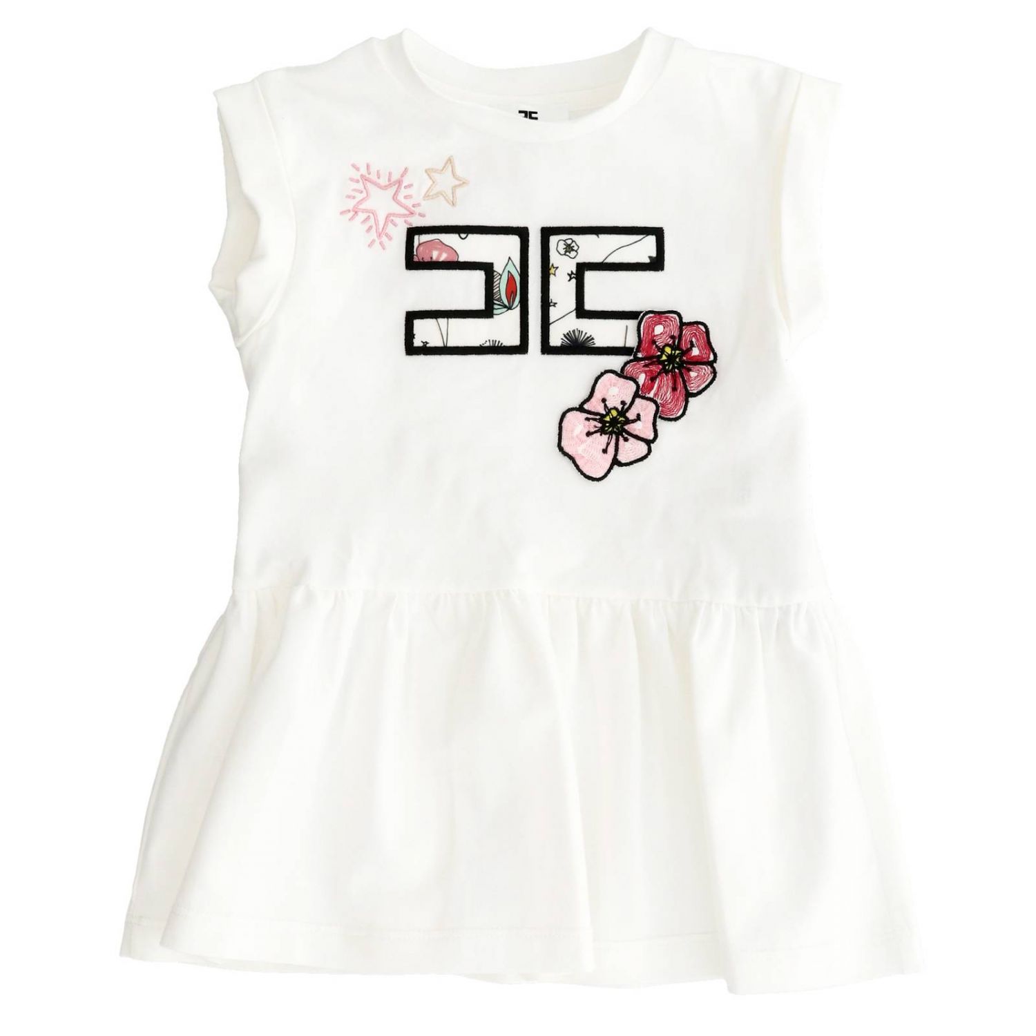 Elisabetta Franchi Outlet: Abito in cotone con logo e fiori - Bianco |  Abito Elisabetta Franchi EGAB13 JE95 GIGLIO.COM